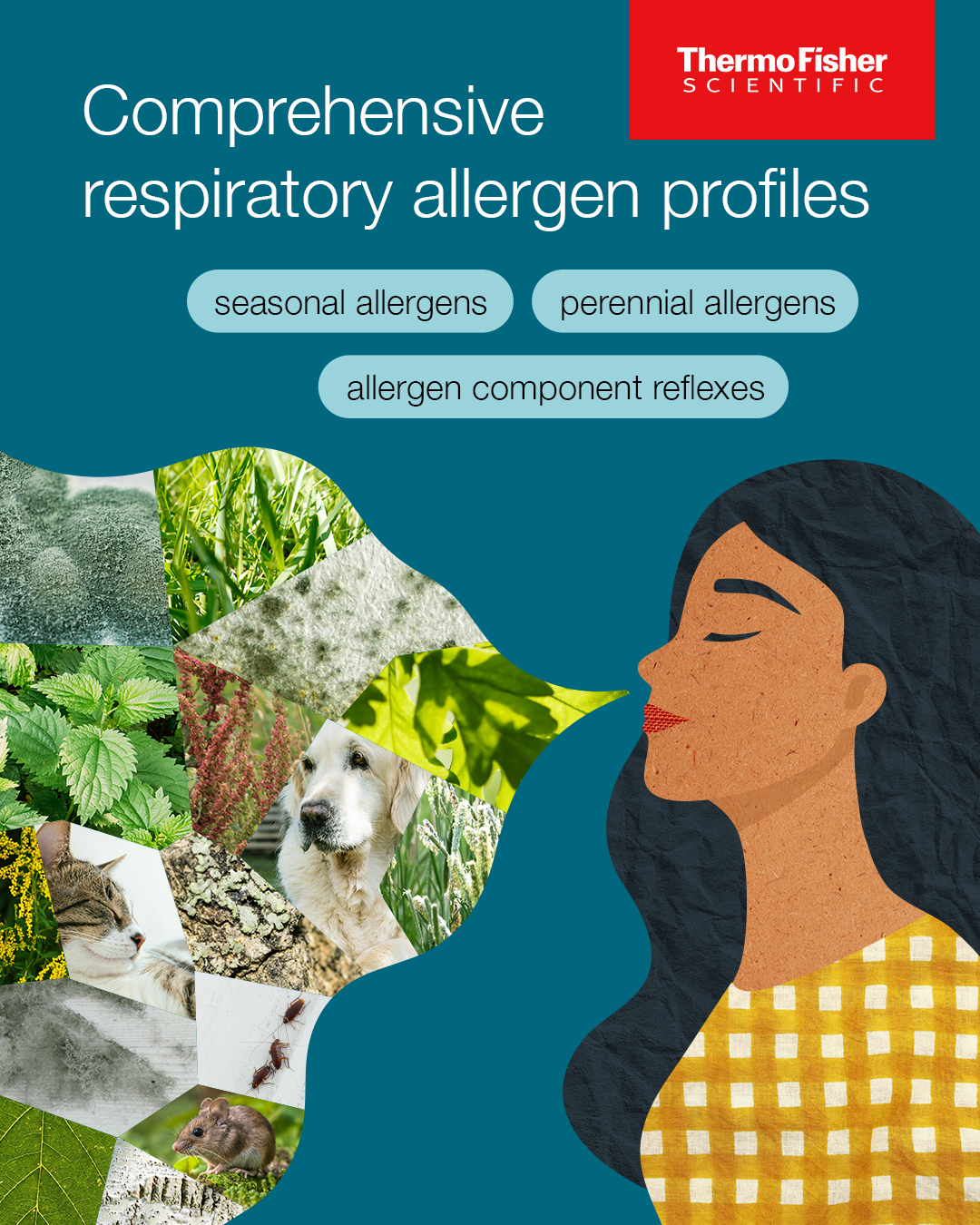 Cover page of a guide titled 'Comprehensive respiratory allergen profiles' by Thermo Fisher Scientific, featuring a woman with dark hair and a yellow checkered shirt breathing out a stream of images of various plants, animals, and mold, representing allergens like pollen, pet dander, and mold.