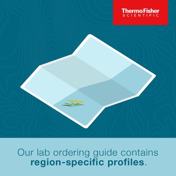Cover of a lab ordering guide with brand logo 'Thermo Fisher Scientific', an open map illustration, and text about region-specific profiles.
