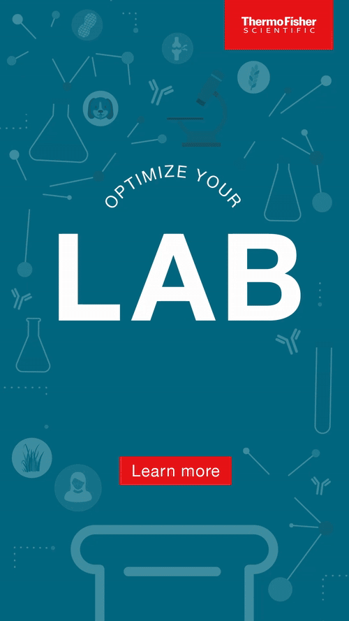 A promotional graphic by Thermo Fisher Scientific encouraging viewers to optimize their laboratory work, featuring scientific icons and a 'Learn more' button.