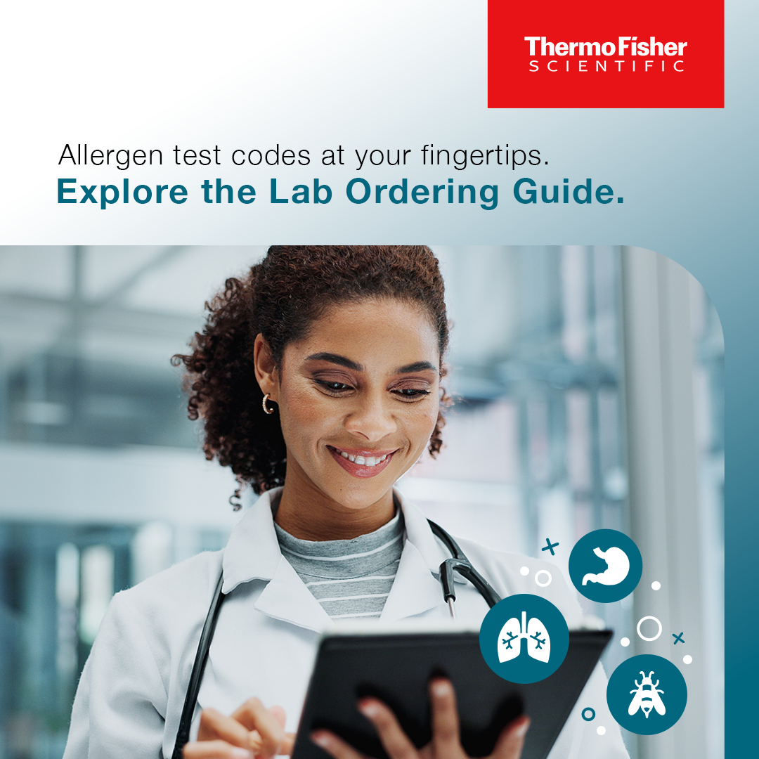 Front view of a happy female healthcare professional in a white coat, holding a digital tablet, with illustrations of lungs, stomach, and insect icons overlaid, promoting lab ordering and allergen testing.