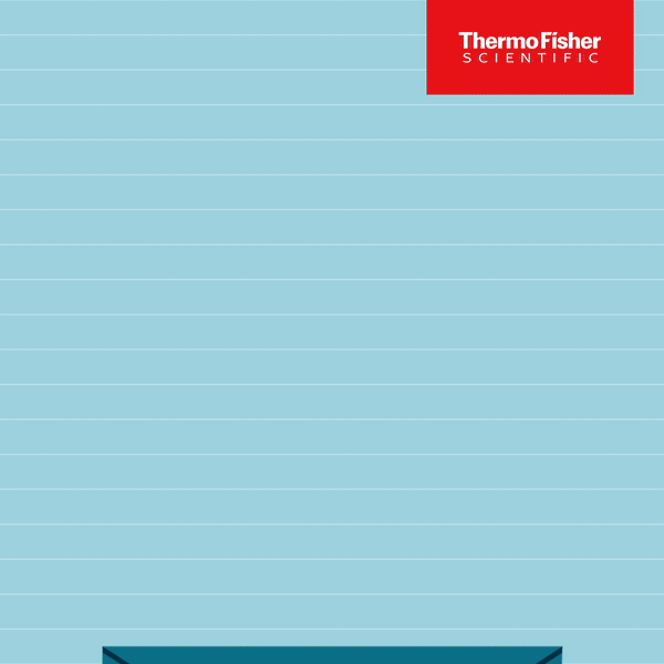 A light blue notebook or notepad with evenly spaced horizontal lines and a red Thermo Fisher Scientific logo in the top right corner.
