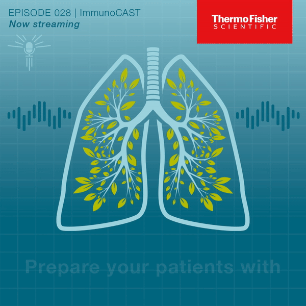 Illustration of human lungs with green leaves inside them, representing lung health and growth, with a blue background and Thermo Fisher Scientific logo in the top right corner.