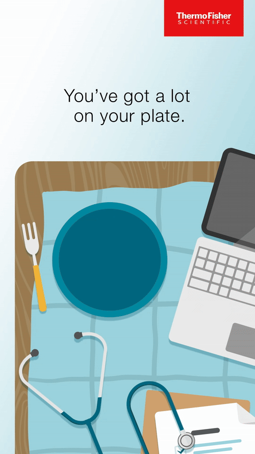 An illustration of a table with a blue plate, a fork, a notebook, a stethoscope, a laptop, and a piece of paper with a pen, accompanied by the text "You've got a lot on your plate."