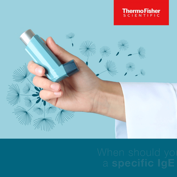 A hand holding a blue inhaler, with dandelion illustrations and a red Thermo Fisher Scientific logo in the background.