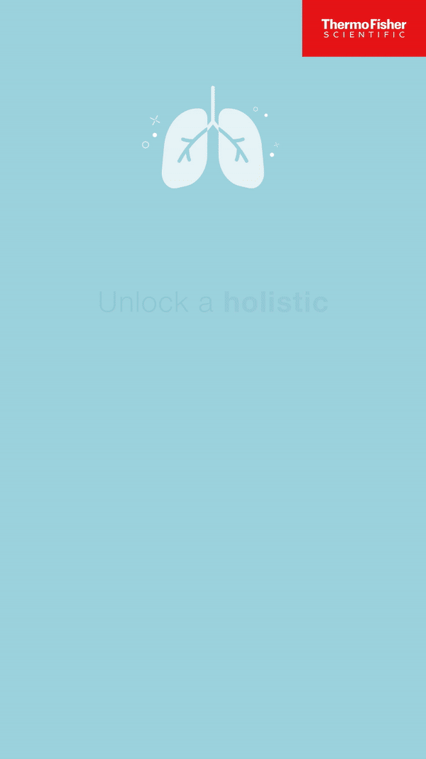 Graphic of lungs with the text "Unlock a holistic" below, and the Thermo Fisher Scientific logo in the top right corner.