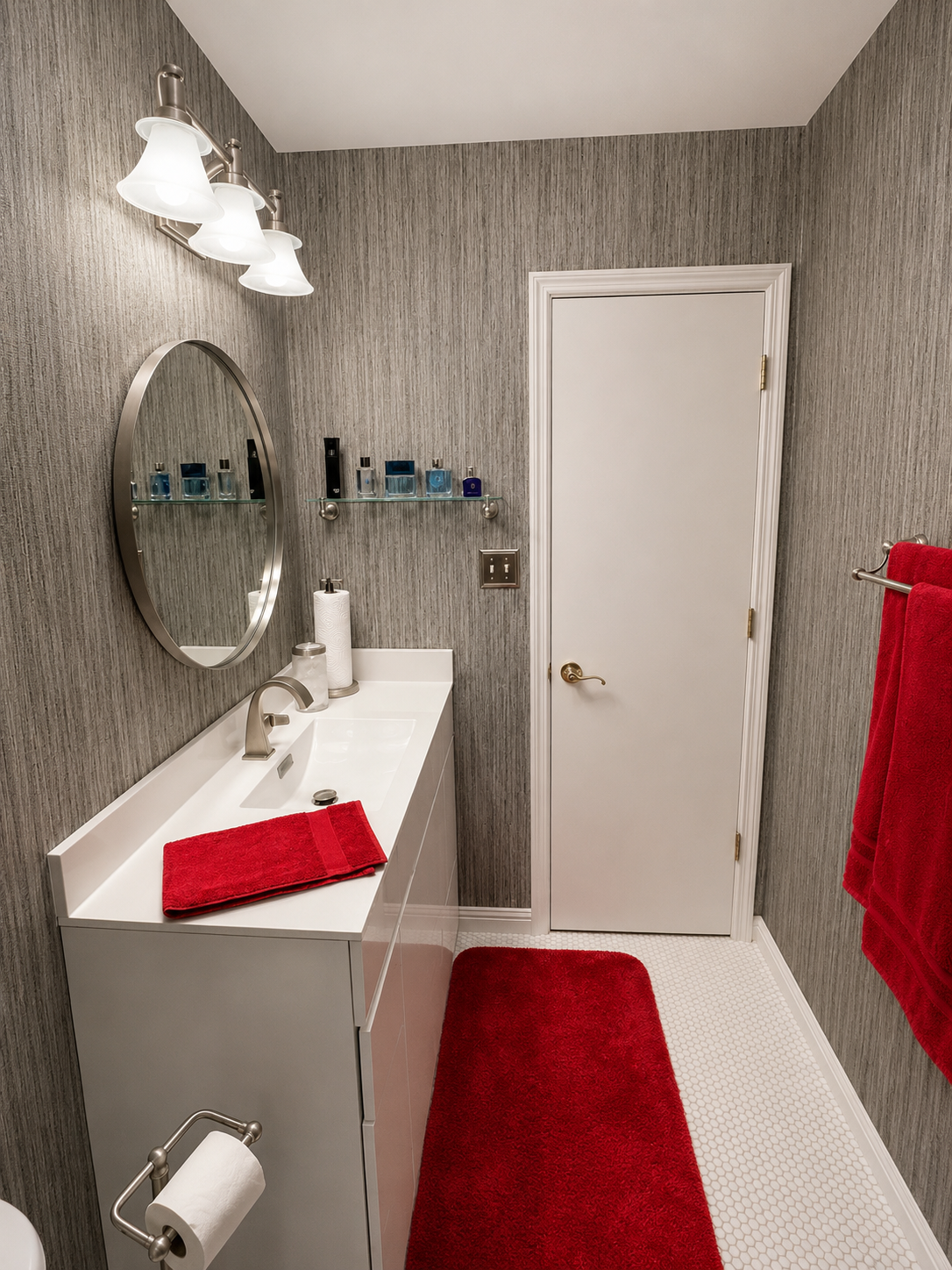 Gray textured wallpaper professionally installed in a residential bathroom.