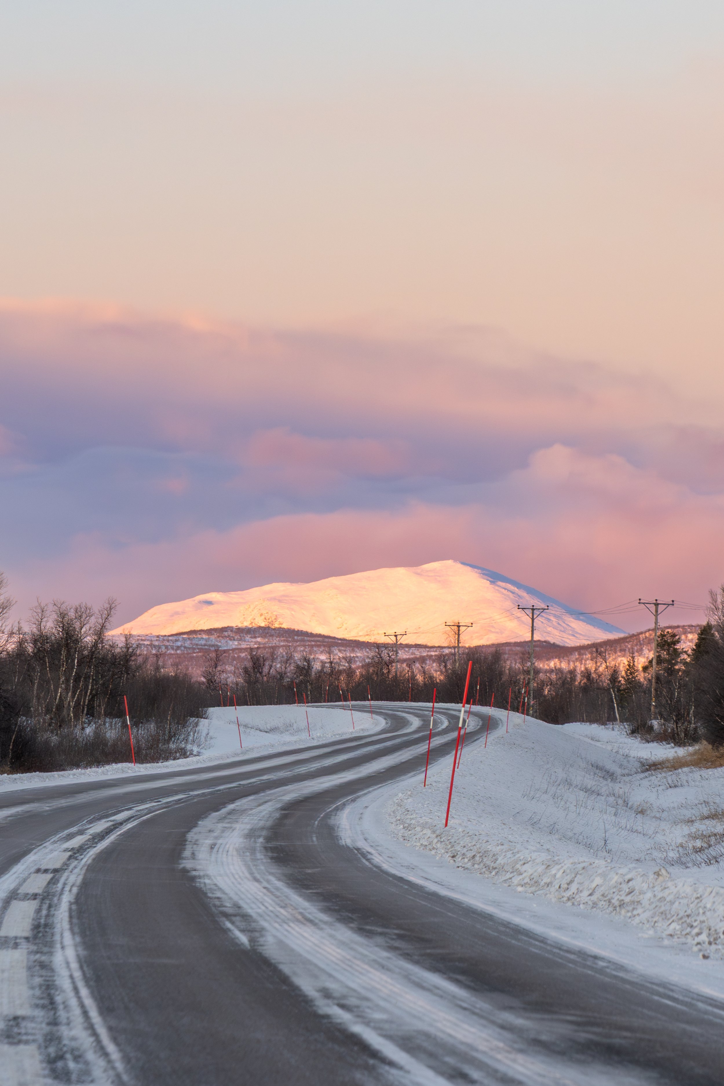 Snow-covered winding road with tire tracks, red snow poles lining the sides, barren trees, and a snow-capped mountain under a pastel pink, purple, and blue sky.