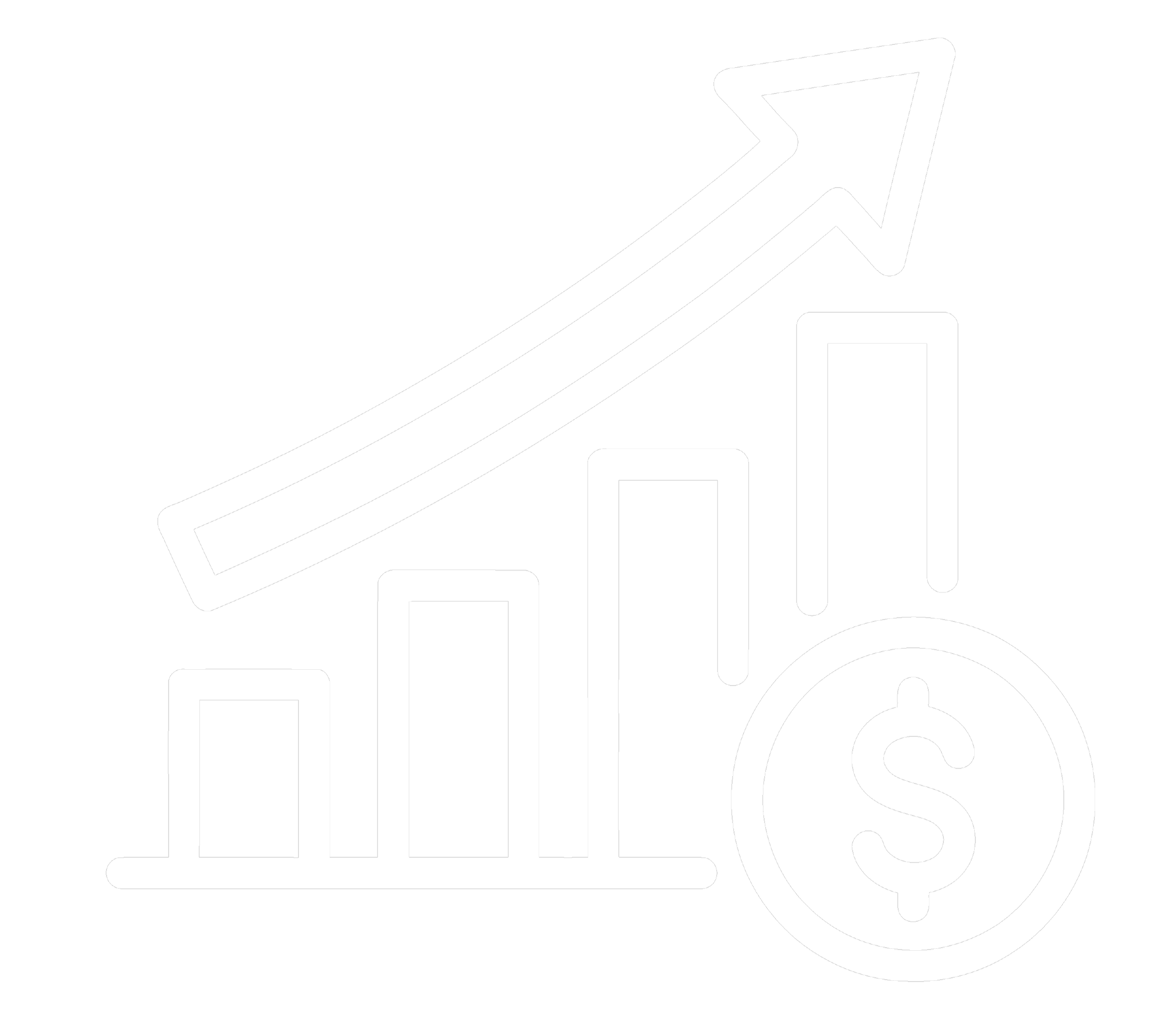 Investment Management icon featuring an upward-trending bar graph, arrow, and dollar symbol representing financial growth.
