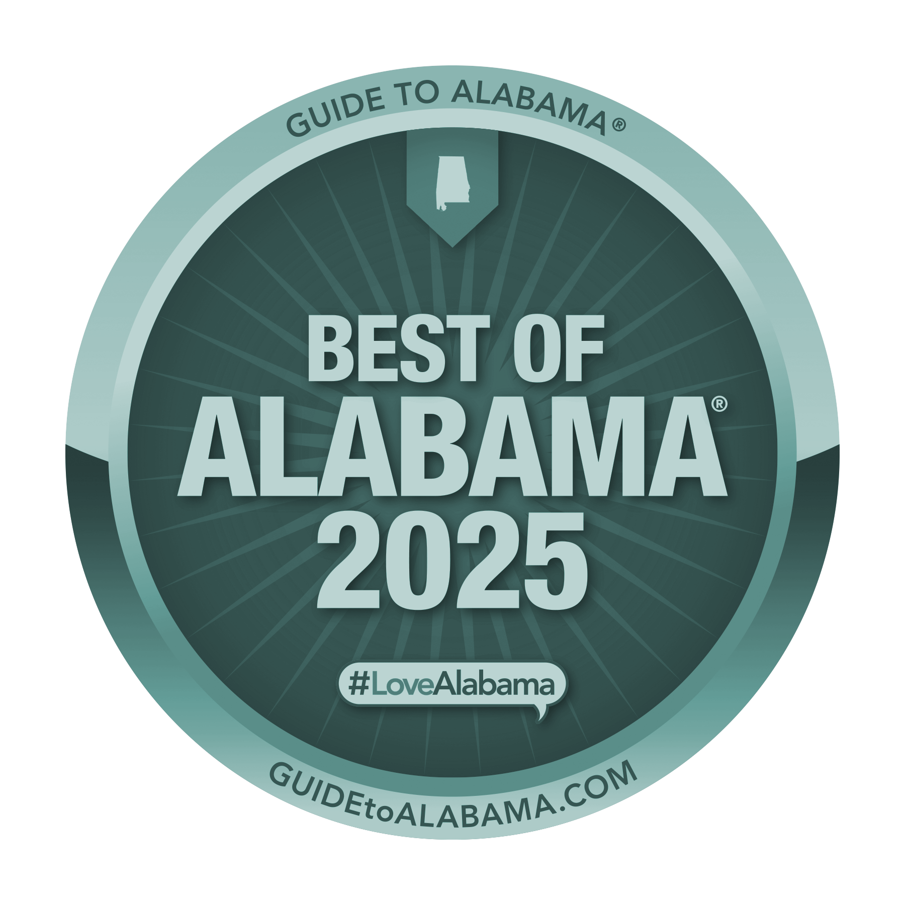 Circular badge with text 'Best of Alabama 2025', a silhouette of Alabama at the top, and hashtag '#LoveAlabama' at the bottom. The badge has a teal and dark green color scheme