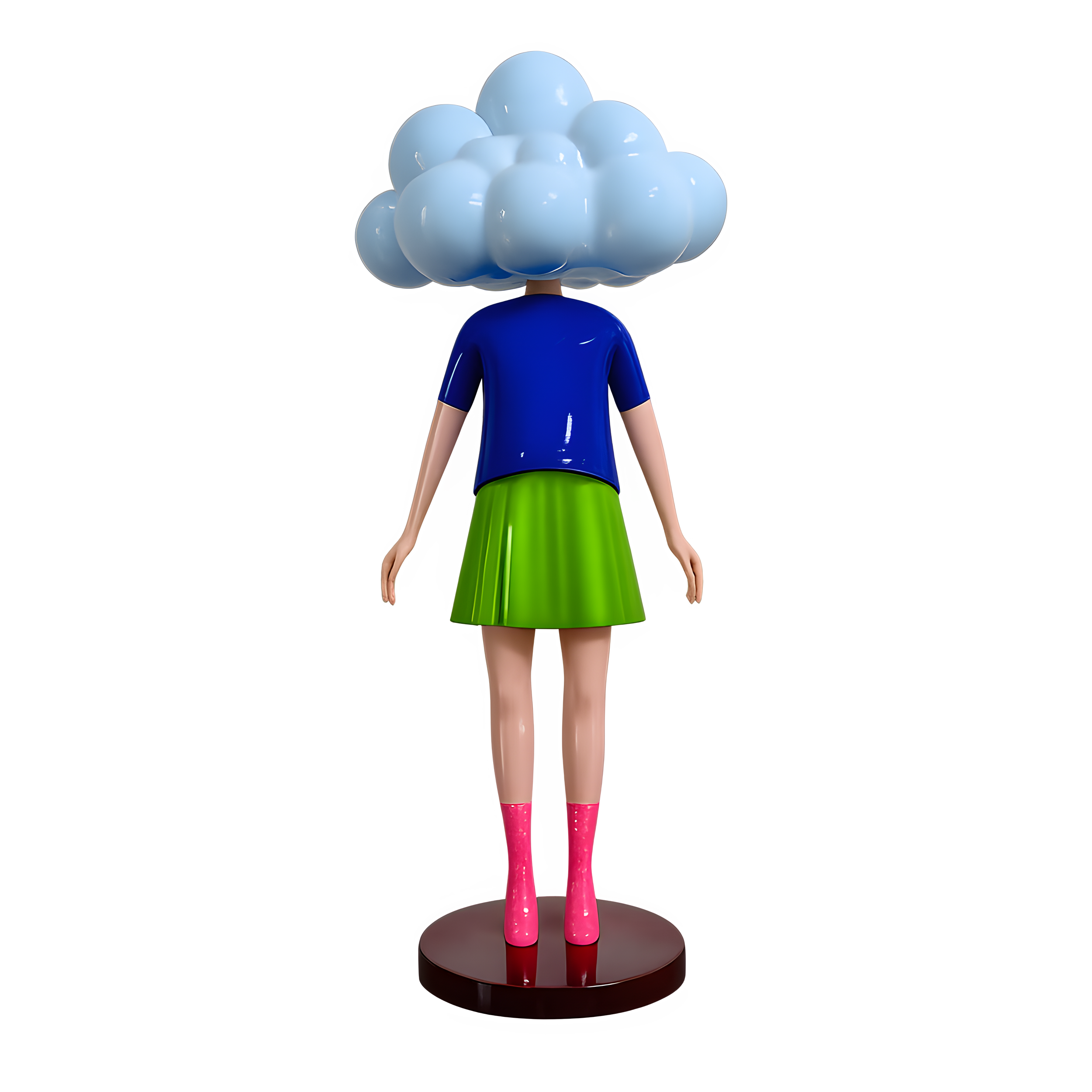 A 3D animated character with a cloud-shaped head, wearing a blue shirt, green skirt, and pink rain boots, standing on a circular platform.