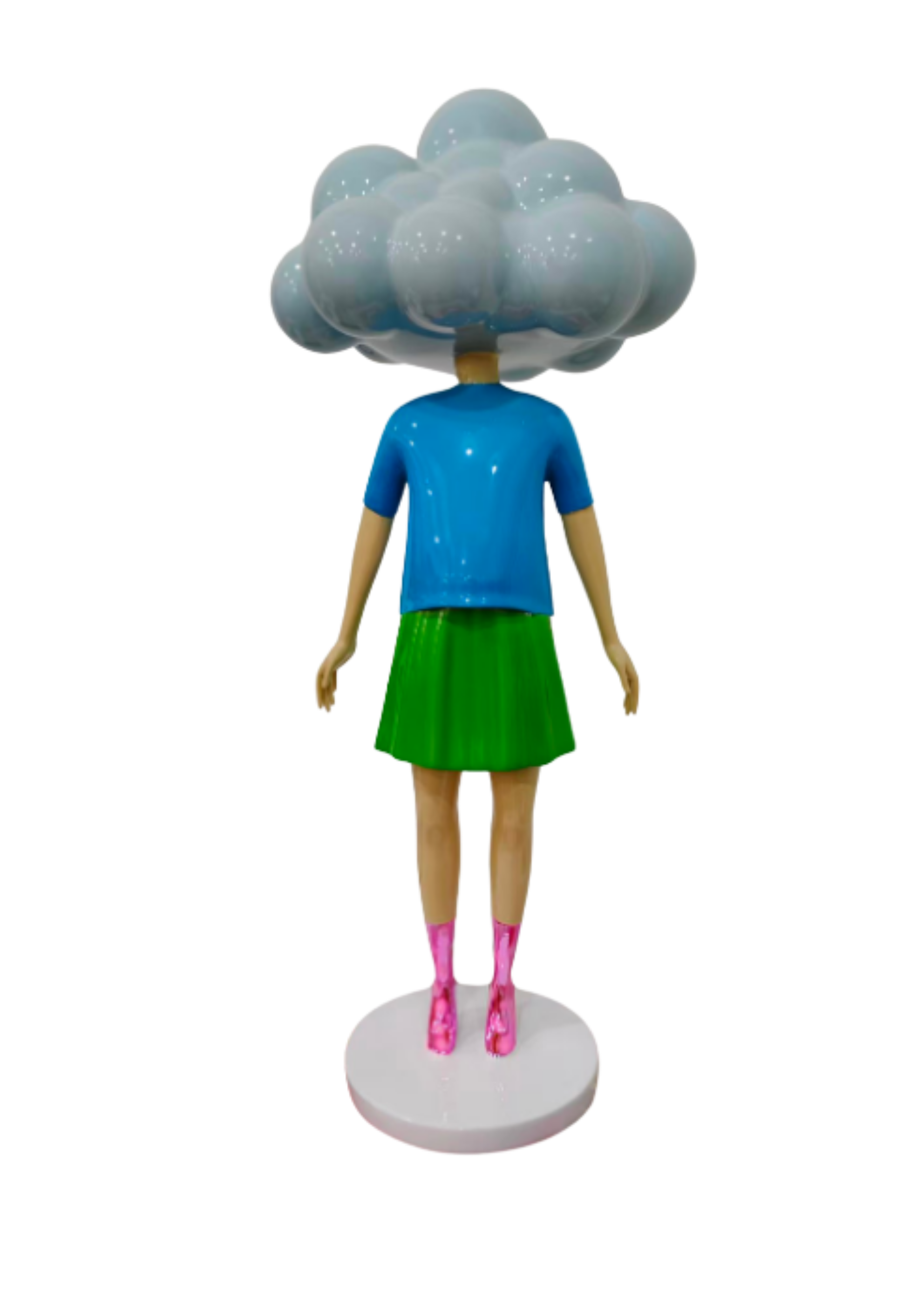 Whimsical doll with a cloud-shaped head made of shiny balloons, wearing a blue top, green skirt, pink boots, standing on a white round base.