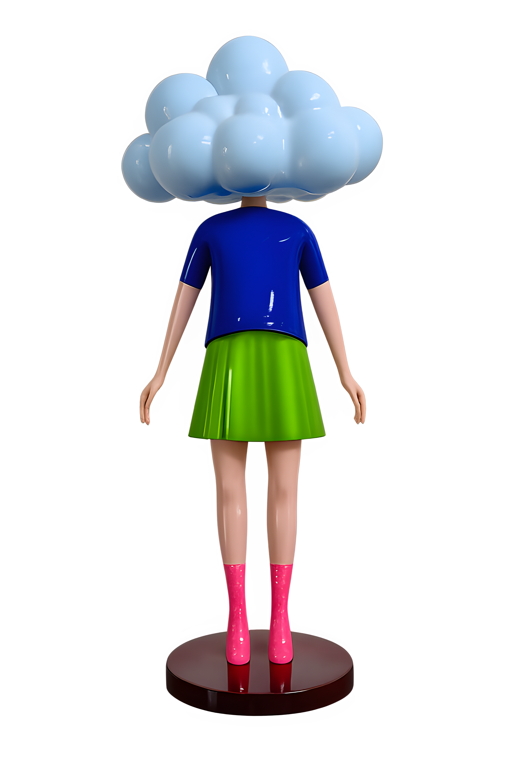 A mannequin with a cloud-shaped head, wearing a blue top, green skirt, and pink boots, standing on a round black base.