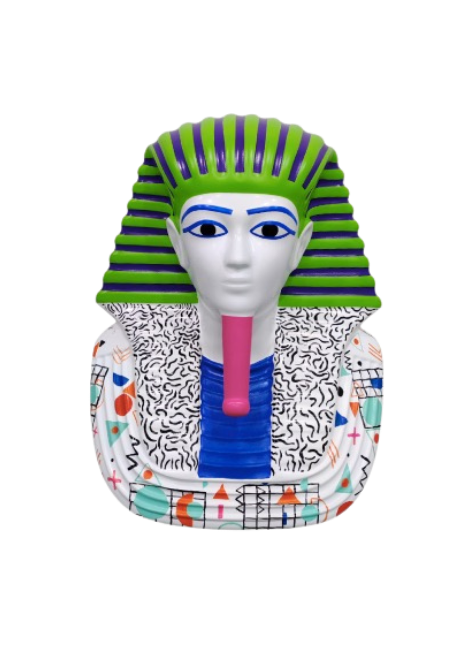 A colorful, abstract sculpture of a human face with large, green and purple striped hair, blue eyebrows, and a pink tube in the mouth, dressed in patterned clothing with geometric and squiggly designs.