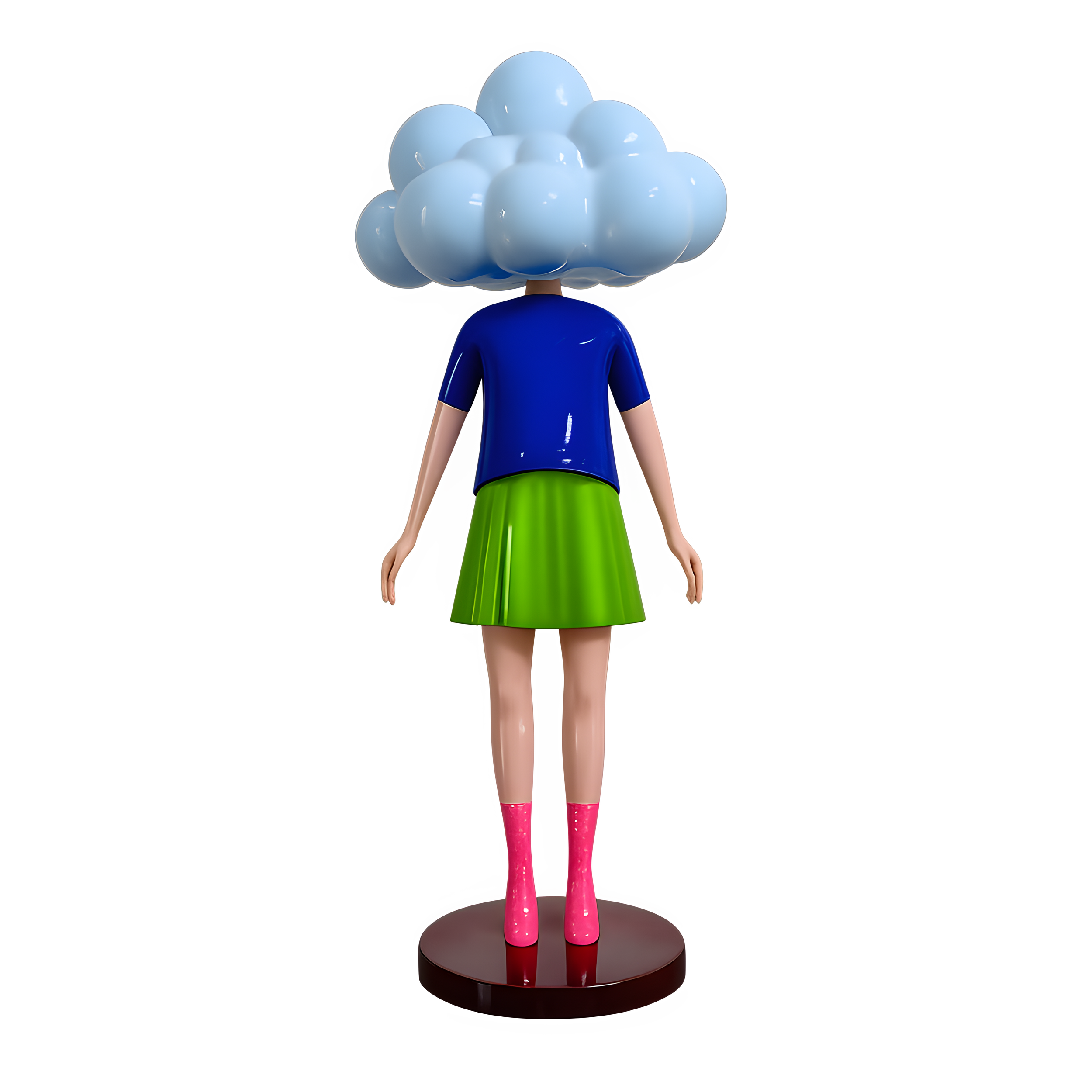 A cartoon figure wearing a blue shirt, a green skirt, bright pink rain boots, and an oversized cloud head with a brown stem, standing on a black circular base.