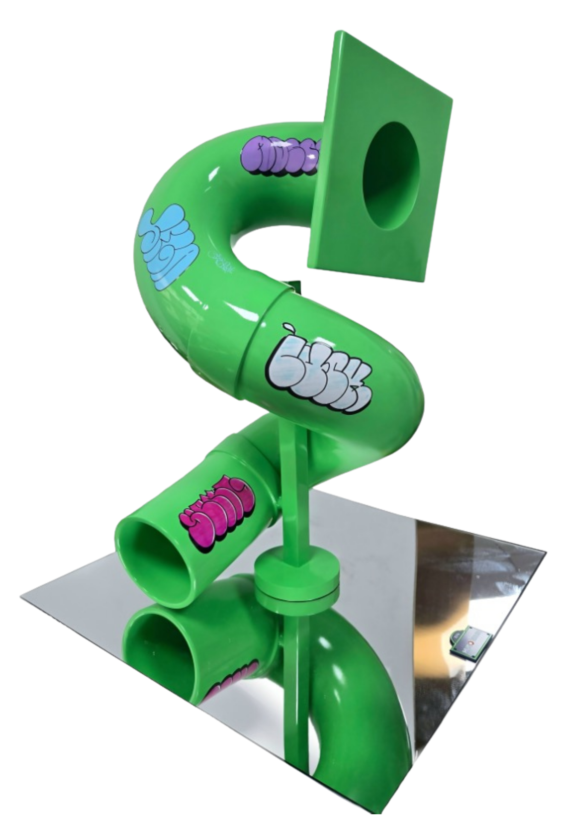 A green sculpture of a telephone with colorful cartoonish doodles, including a blue cloud, a purple cloud, and a pink curly line, mounted on a reflective surface.
