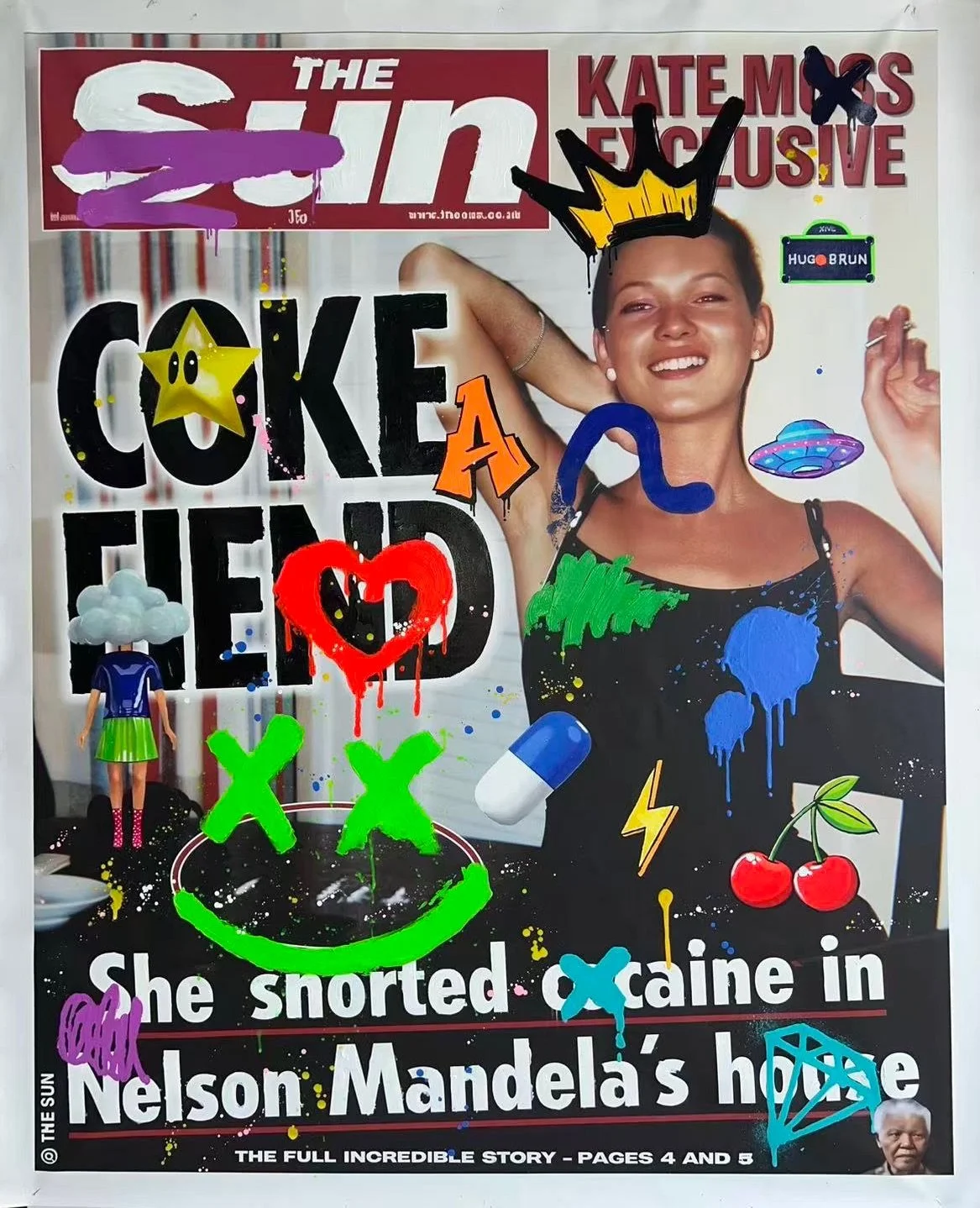 Colorful collage of a woman smiling, with various stickers and drawings including a star, heart, cherries, a pill, a cloud with rain, and a butterfly. Overlaid text references a story about Nelson Mandela.
