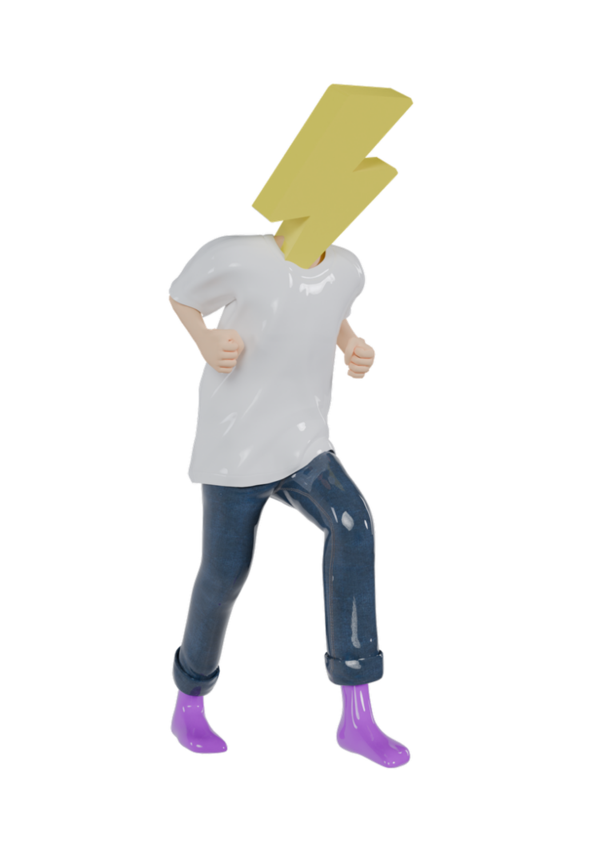 A cartoon-style character with a human body wearing a white t-shirt, jeans, and purple boots, and a large yellow lightning bolt for a head.
