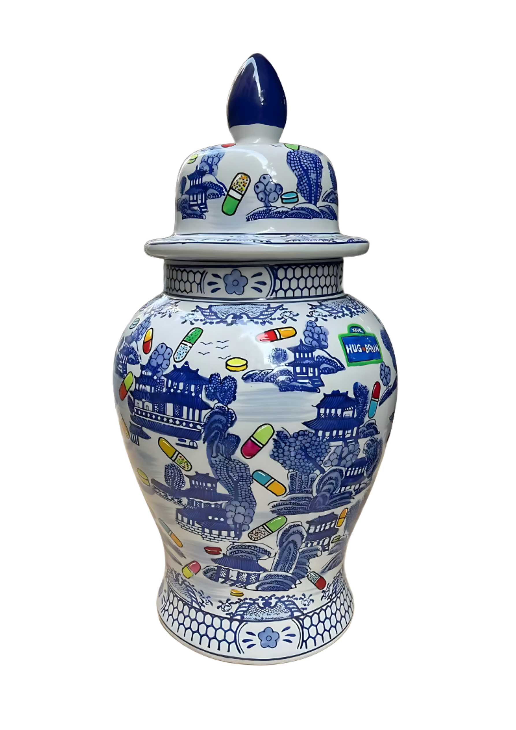 Decorative porcelain vase with intricate blue and white patterns and colorful pill illustrations, set against a solid black background.