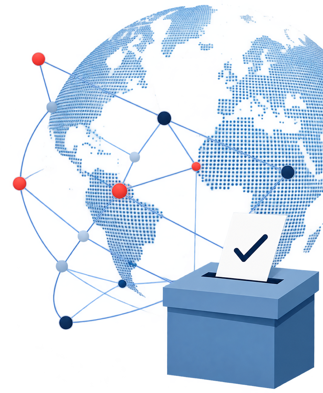 A digital globe showing Europe, Asia, and Africa, connected by nodes with lines. There is a ballot box in the foreground with a paper featuring a checkmark.