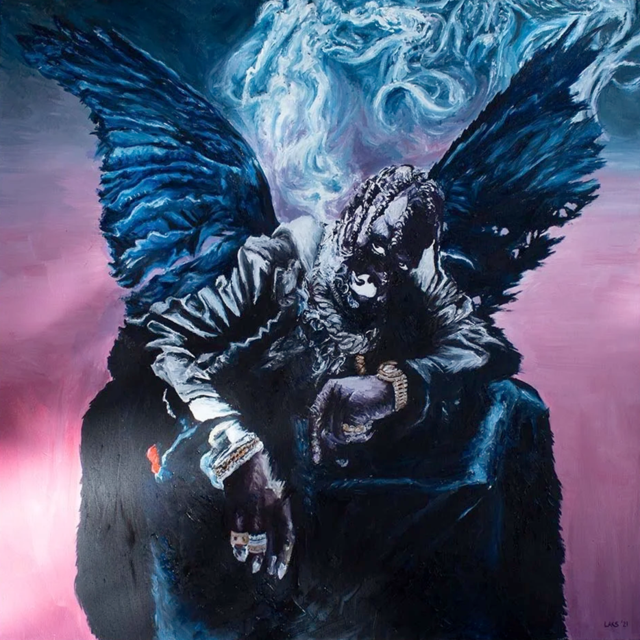 A portrait of a man with dreadlocks, wearing a jacket with a large wing sprouting from his back, sitting with his head lowered and hands resting on his knees, against a pink and blue abstract background.