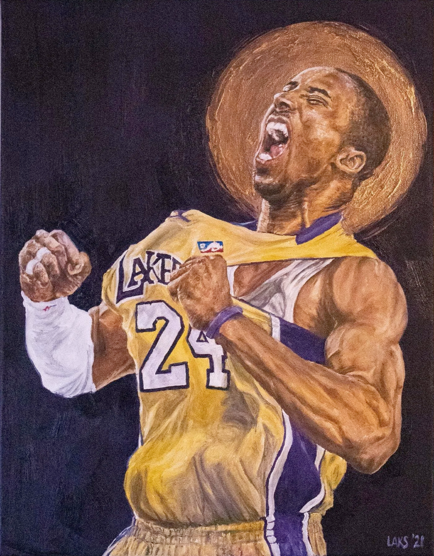 Painting of a basketball player wearing a yellow Lakers jersey with the number 24, yelling passionately with clenched fists. The player is also wearing a wide-brimmed hat.