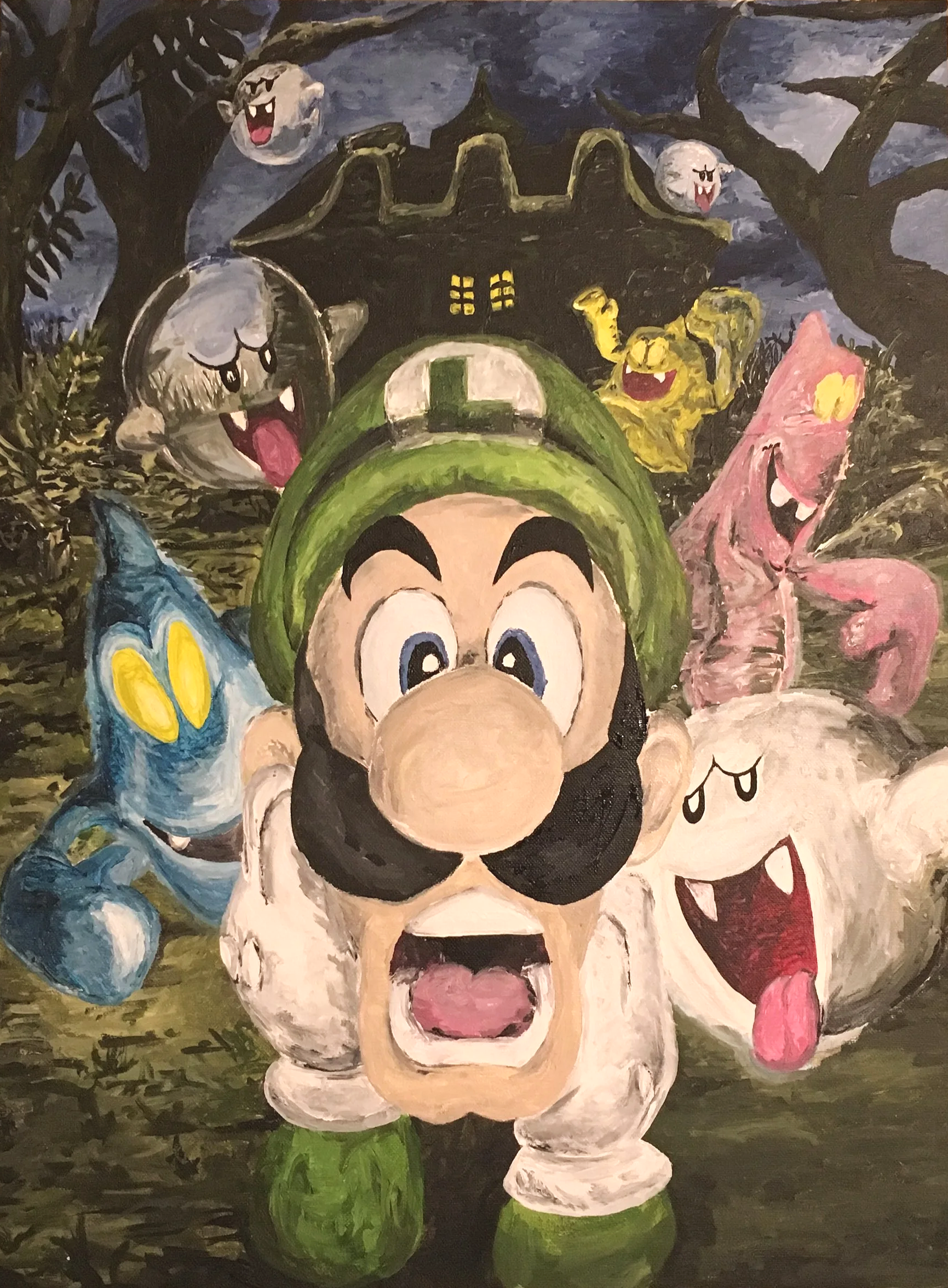 Painting of cartoon characters from Super Mario in a forest scene. Central figure is Mario with a big smile, wearing green cap and overalls. Surrounding characters include a blue Toad with yellow spots, a yellow Toad with a crown, a pink Yoshi, a gho