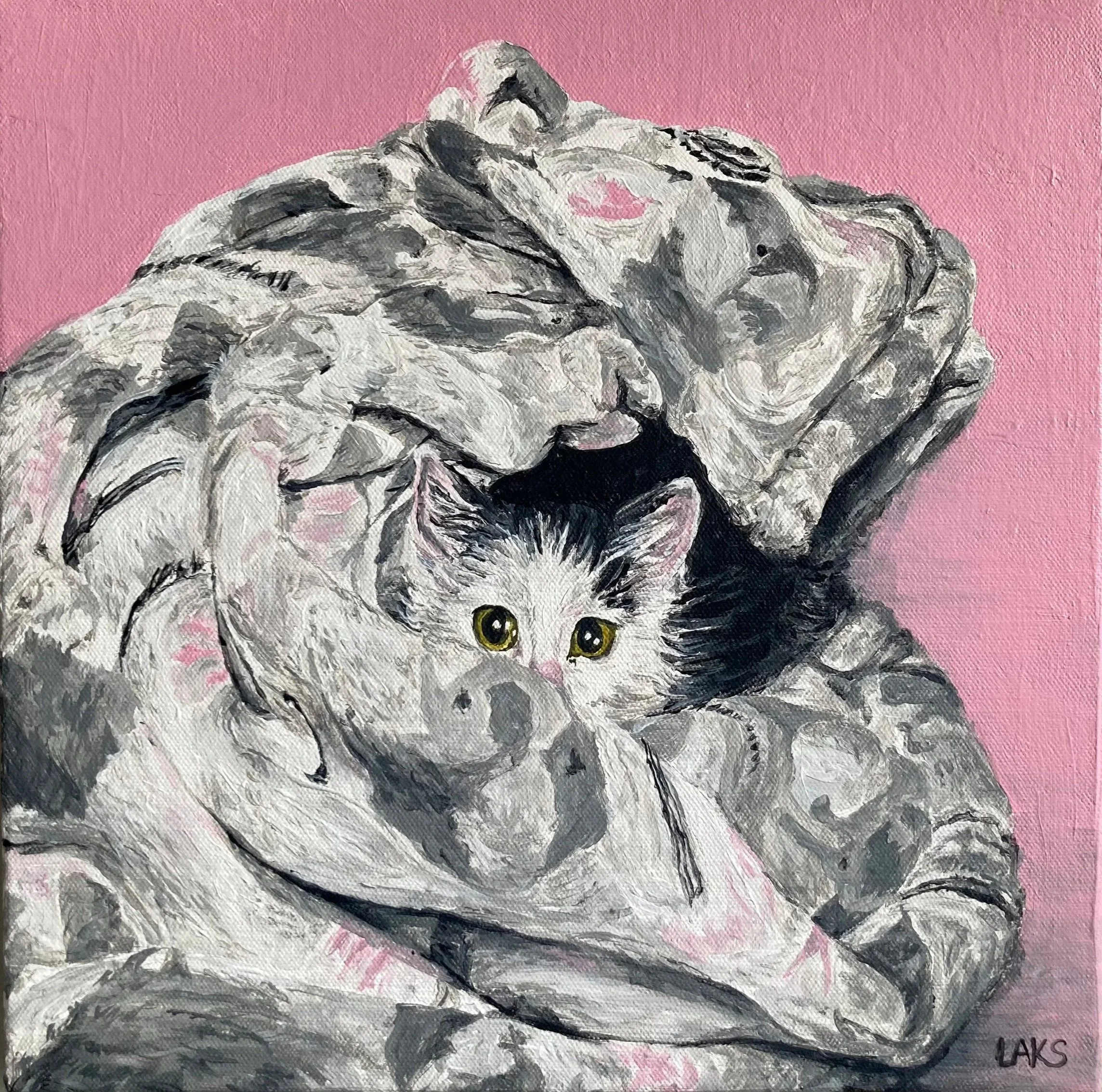 Painting of a Siberian Husky with gray and white fur on a pink background. The dog has striking yellow eyes, and the artist's initials 'LAKS' are in the bottom right corner.