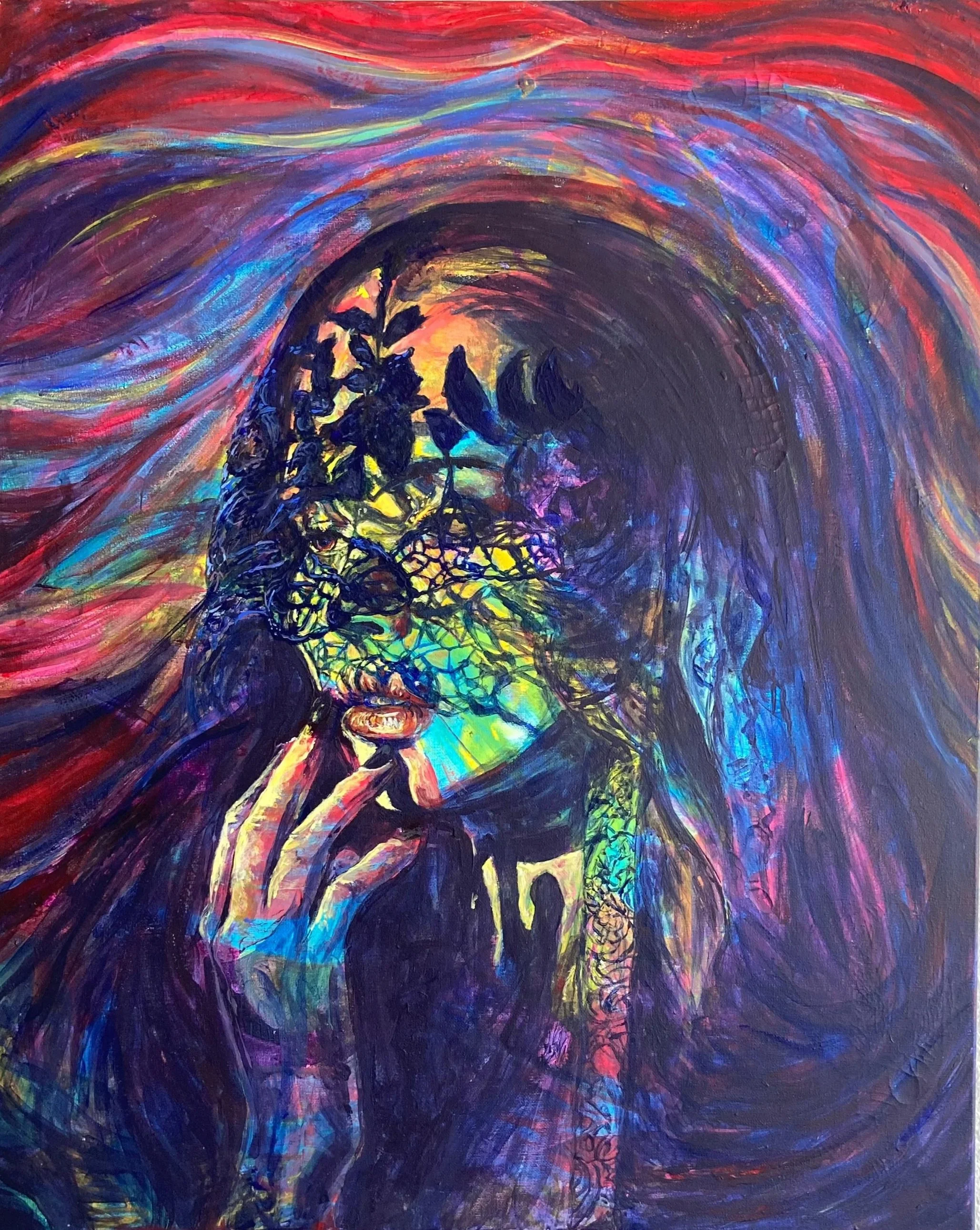 Abstract colorful painting featuring swirling patterns and a face with dark shadows, with emphasis on vibrant reds, blues, purples, and yellows.
