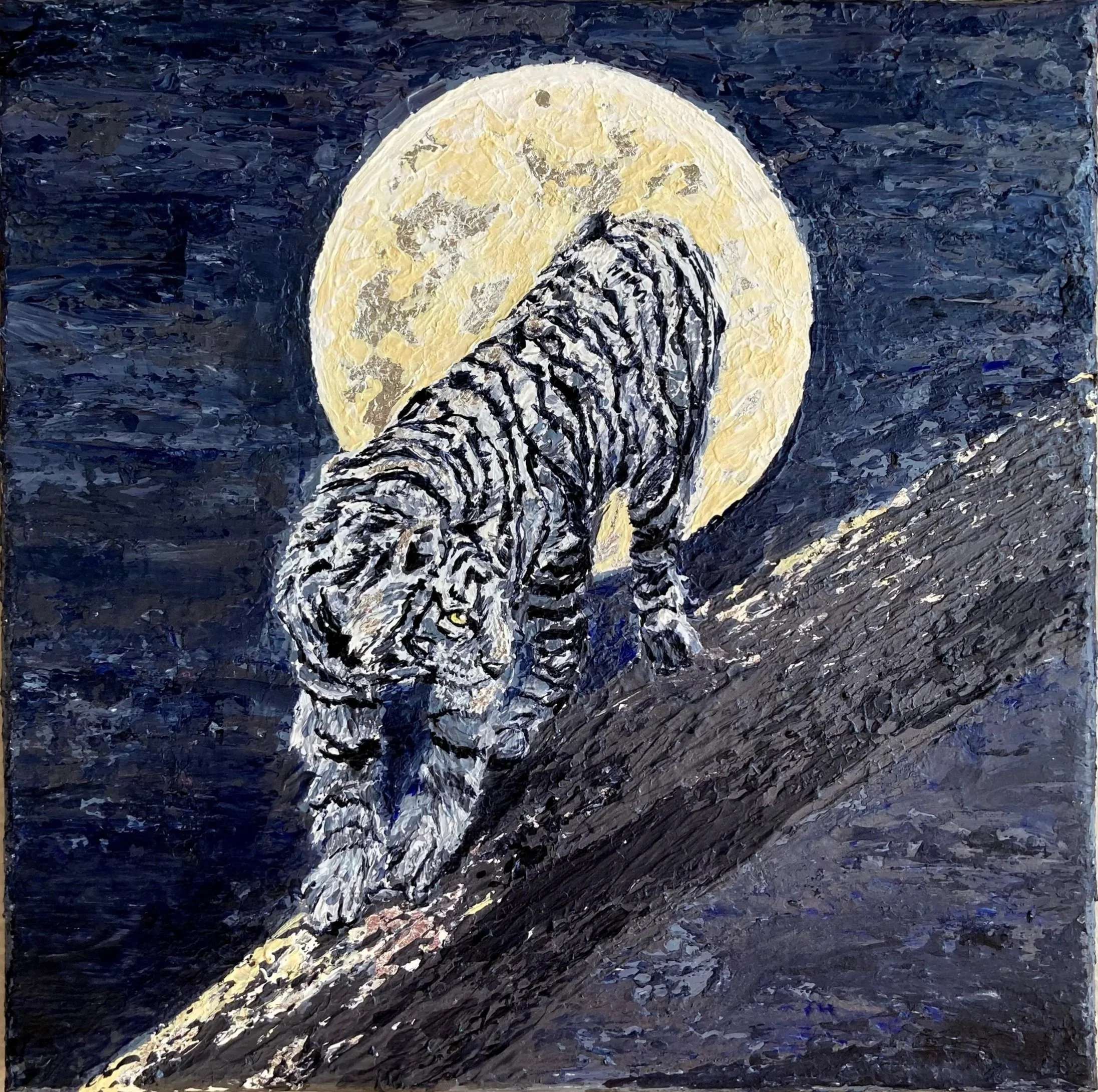A textured painting of a zebra standing on a hill under a yellow moon against a dark blue sky.