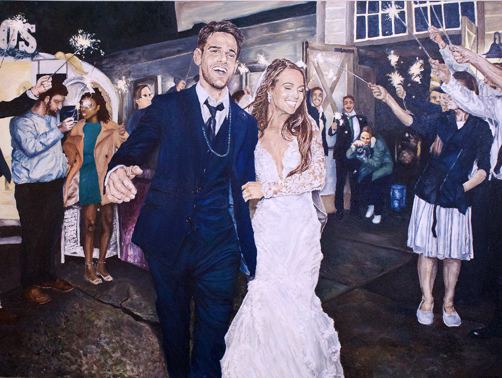 Painting of a bride and groom smiling and holding hands, celebrating with guests holding sparklers at night.