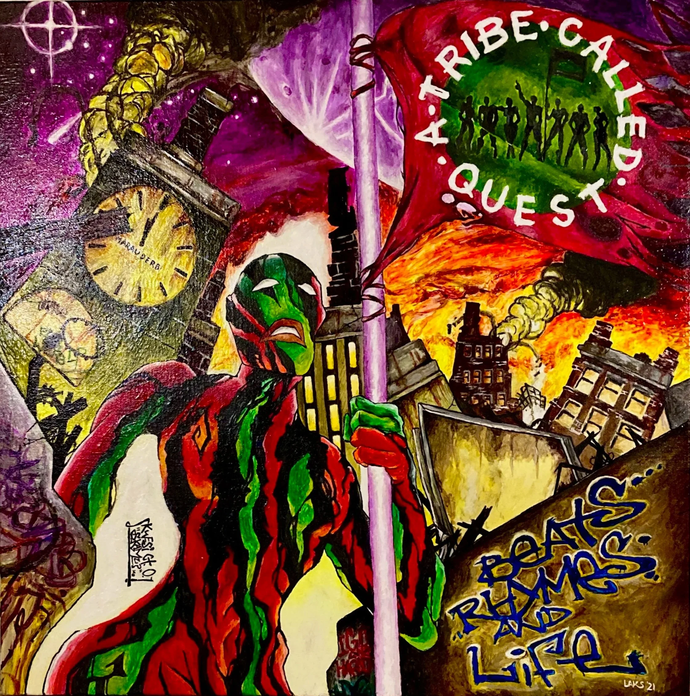 A colorful, abstract artwork featuring various elements such as a large red shoe with the words ‘TRIBAL REBEL’ and ‘QUEST’ written on it, a yellow clock, metallic elements, a green face, and silhouettes of people holding hands inside a green circle. 