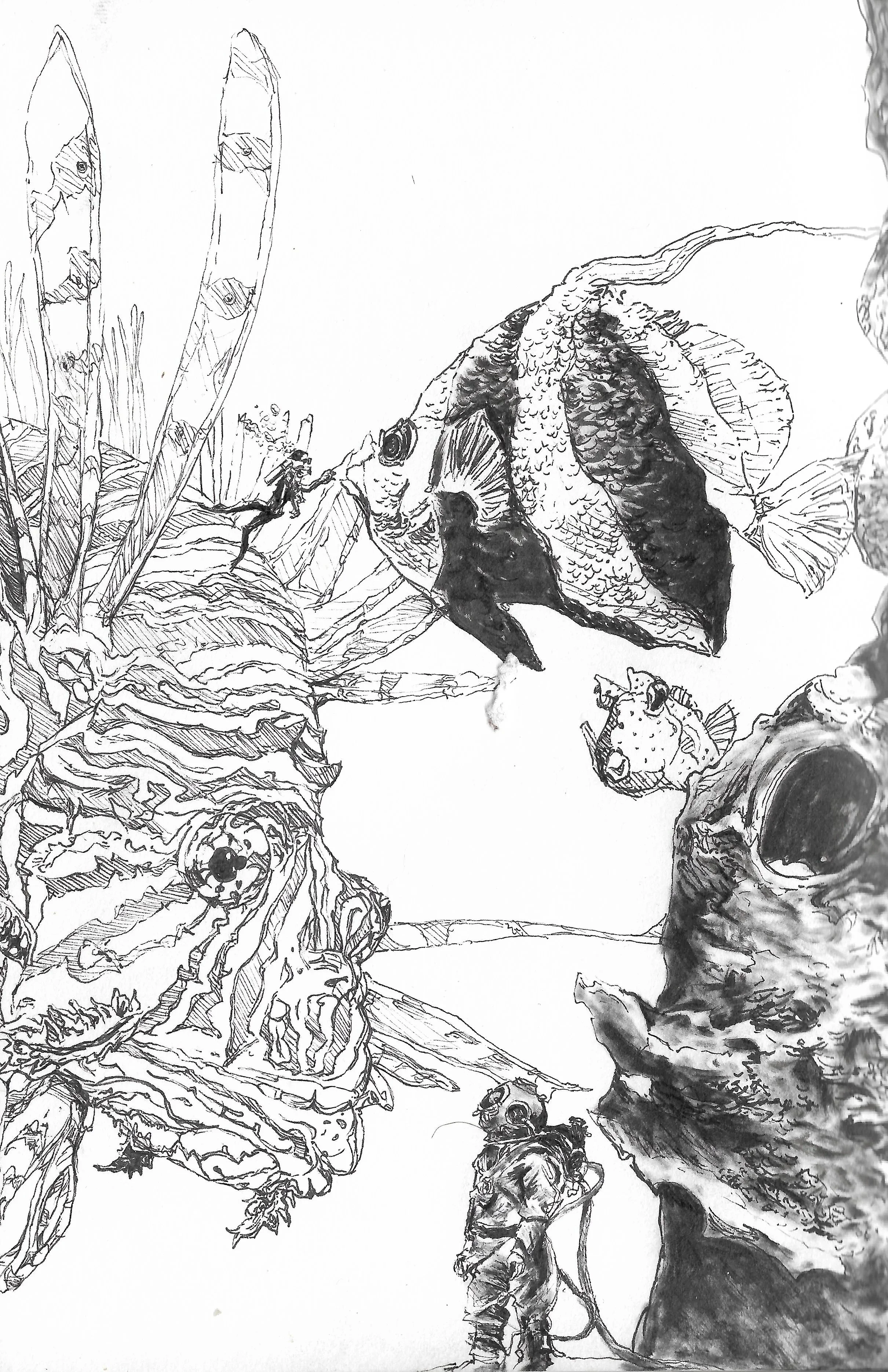 A black and white sketch of a mountainous landscape with large, detailed trees, giant mushrooms, and two hikers wearing backpacks, standing near a rocky formation.