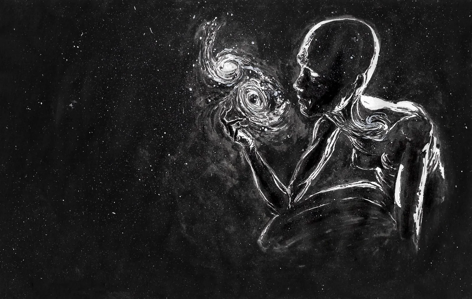 Inktober day 3 - miniature 
What is a galaxy to a cosmic being?
@inktober 
#inktober2026 #inktober2026miniature #cosmic #ink #art