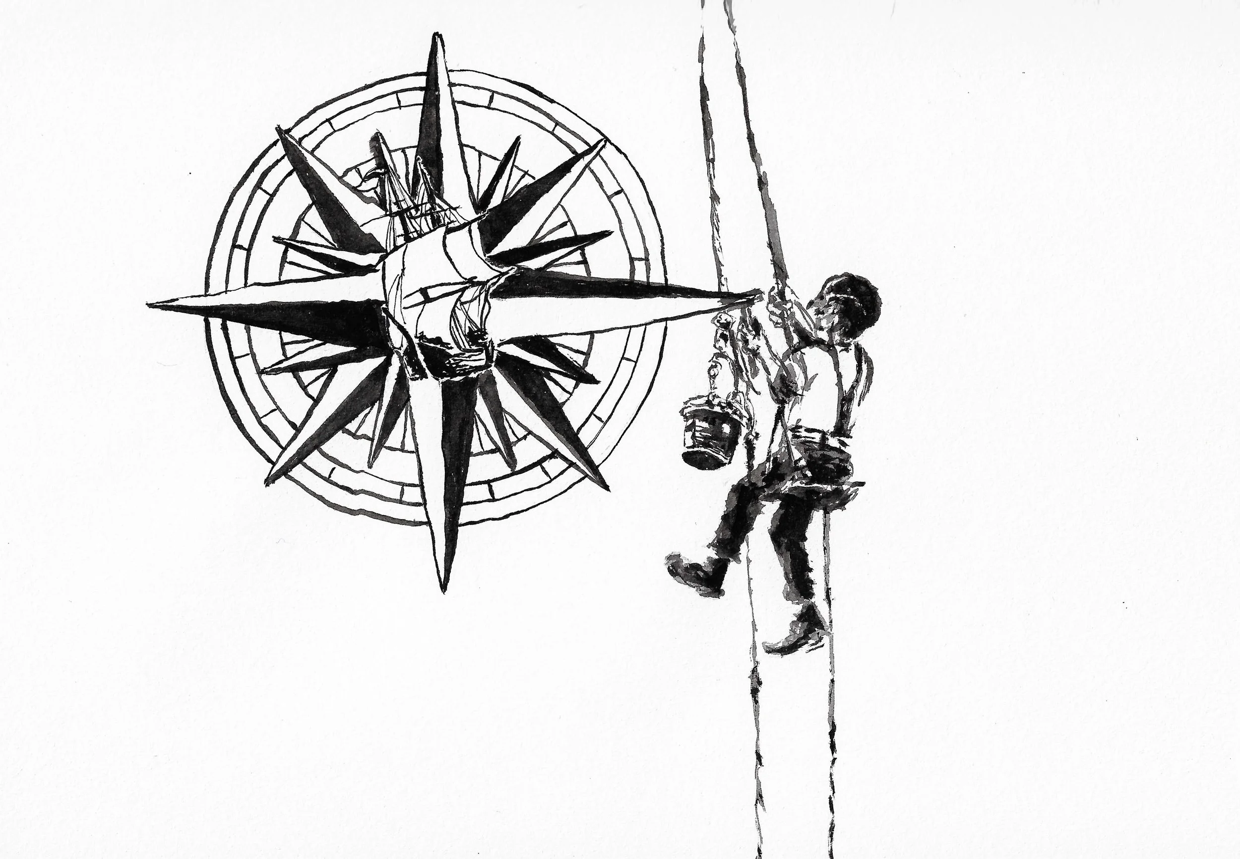 A black and white ink drawing of a person holding a bucket and climbing a rope, with a large navigational star or compass in the background.