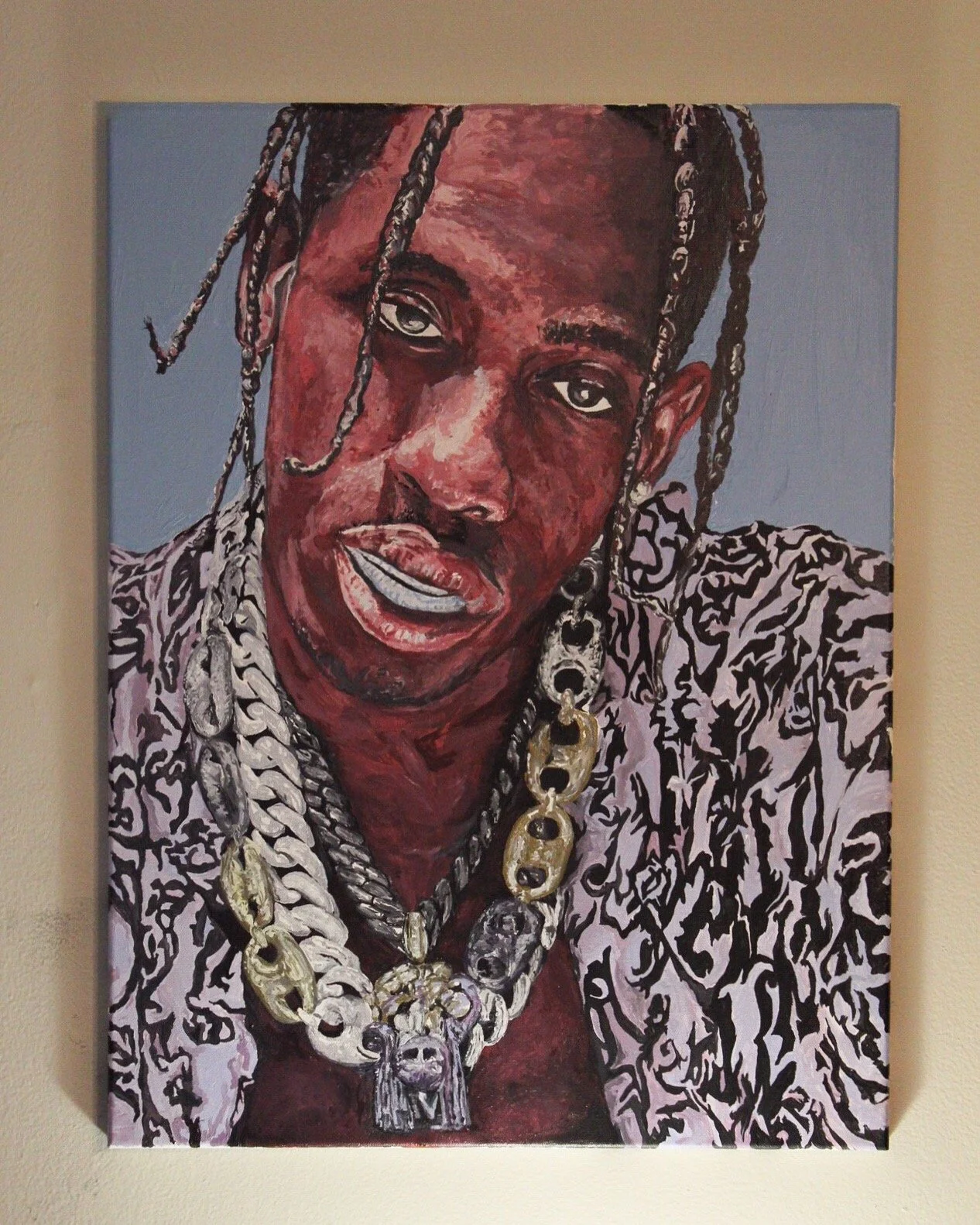 Painted portrait of a Black person with braided hair wearing jewelry and a patterned jacket against a solid background.