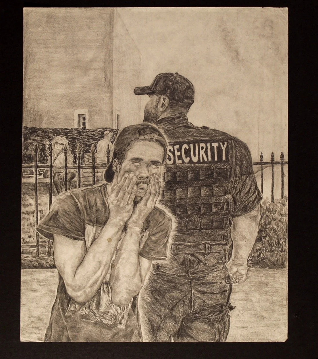 A pencil sketch of a person covering their face with their hands, standing next to a security officer with their back to the viewer, wearing a jacket labeled 'SECURITY'. There are several people and a fence in the background.