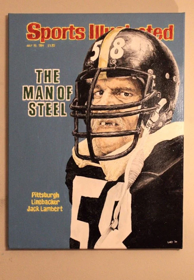 Cover of Sports Illustrated magazine featuring a portrait of football player Jack Lambert in a helmet, with the headline 'The Man of Steel' and text highlighting he is a Pittsburgh linebacker.