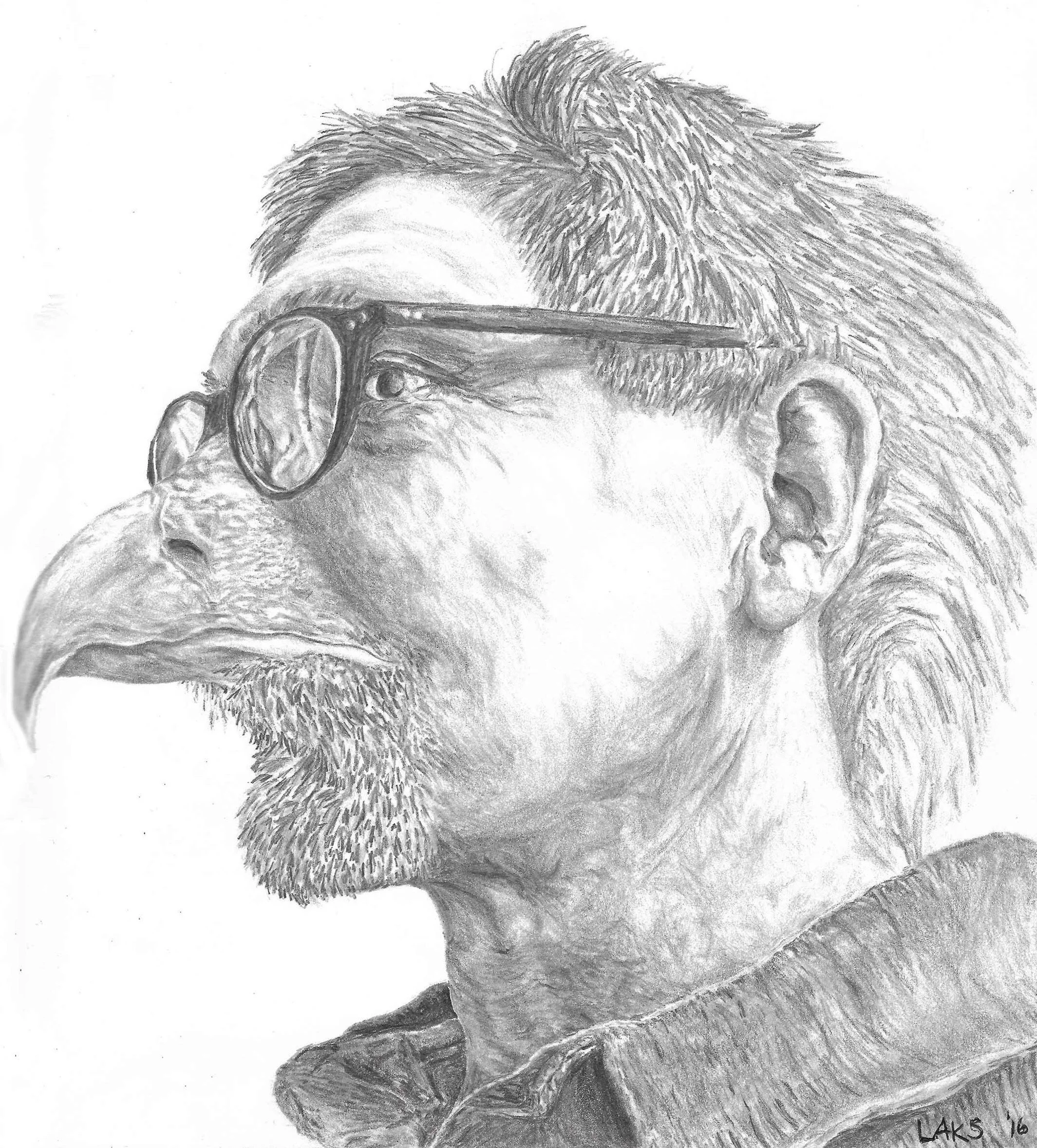 Hand-drawn black and white portrait of a man with glasses, spiky hair, and a beard, wearing a shirt with the word 'LAKS' signed at the bottom, in 2016.
