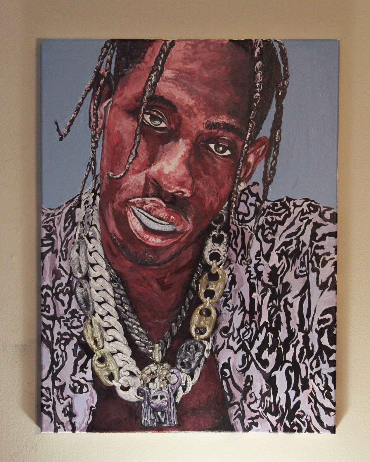 A portrait painting of a man with braids, wearing a patterned jacket and gold jewelry, against a blue background.