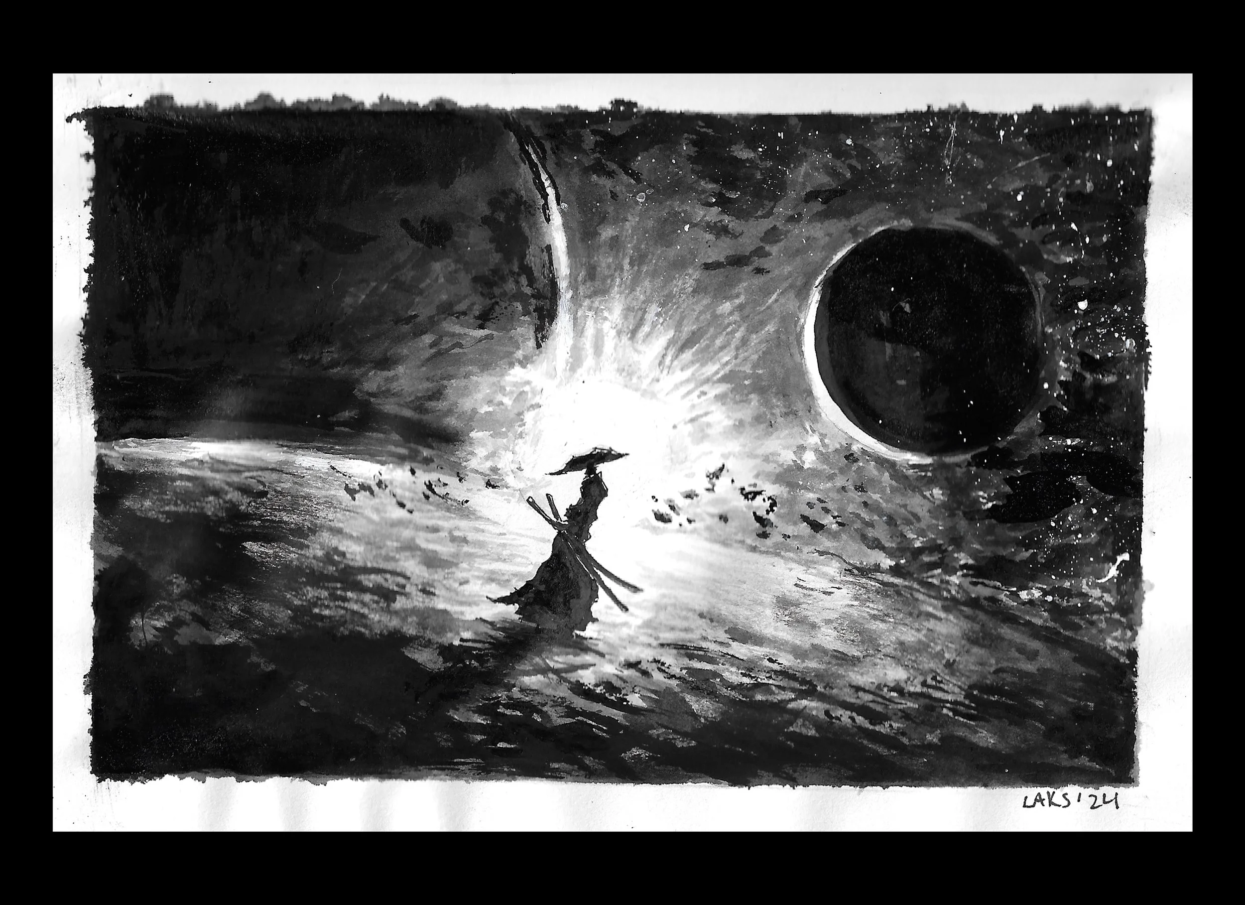 A black and white watercolor painting of a person skydiving over a landscape with a large circular dark sun or moon in the sky and trees in the background, signed 'Laks '24'.