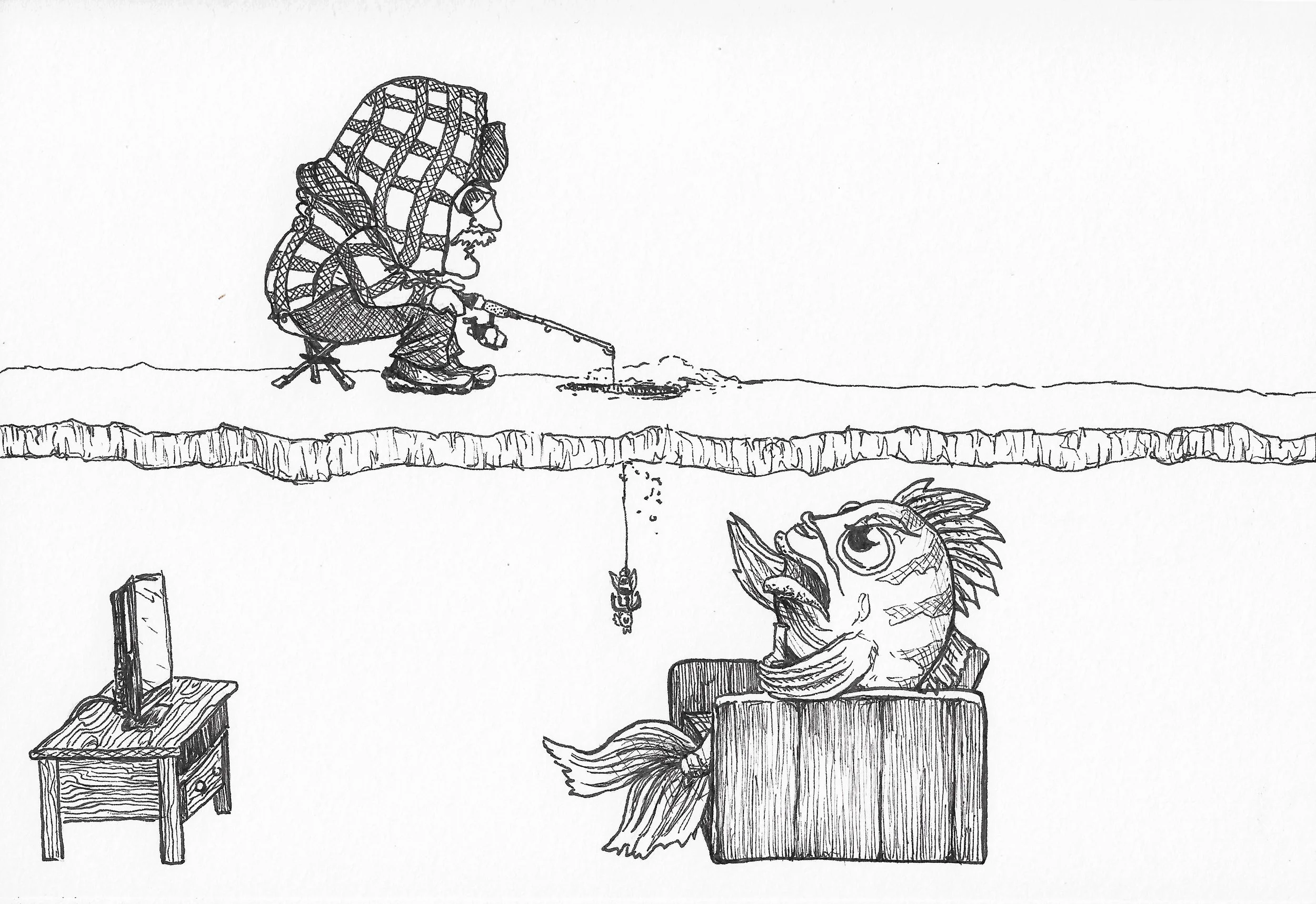 Black and white line drawing of a man fishing on a dock, with a fish on a stringer and a small wooden table nearby.