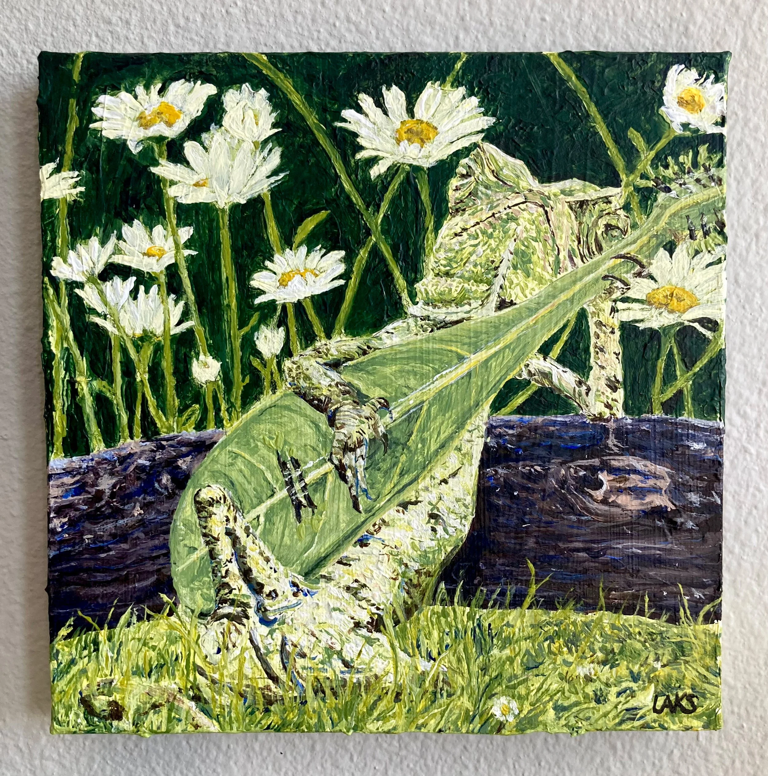 Close-up of an impressionistic painting of white daisies with yellow centers and green stems, set against a green background.