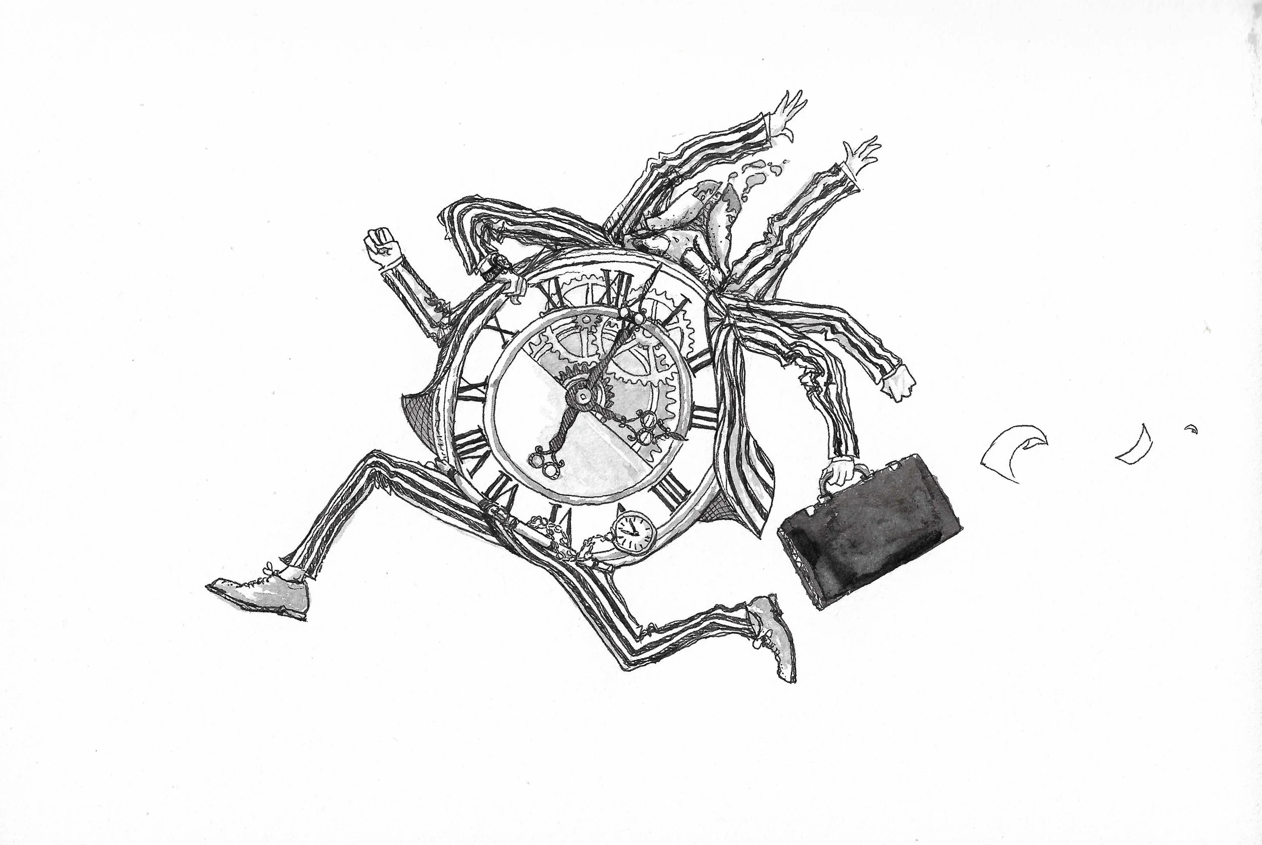 A black and white sketch of a running person with a clock for a torso, wearing striped pants and shoes, carrying a briefcase, and holding a smaller clock or pocket watch.