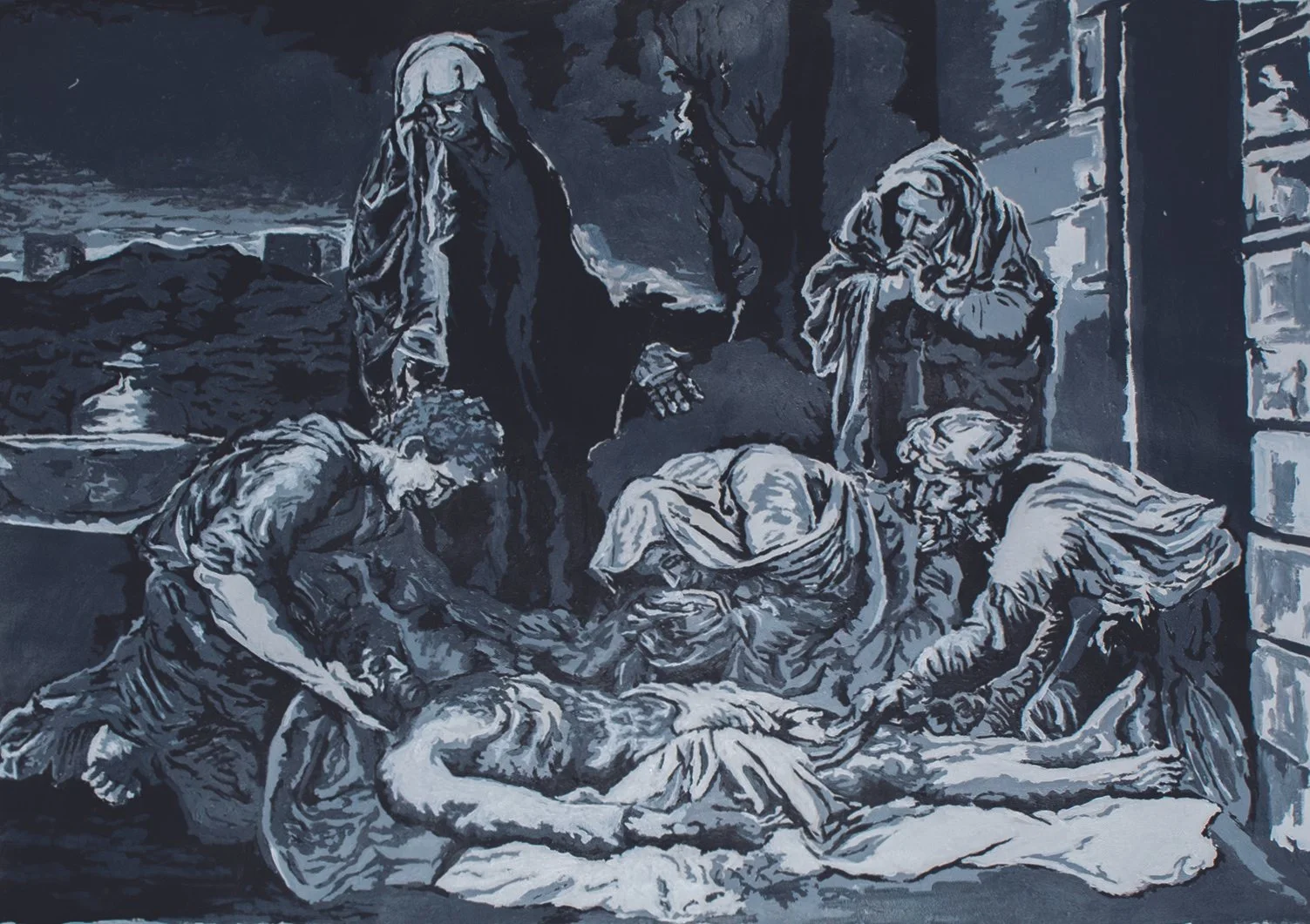 A monochrome painting depicting the biblical scene of Jesus Christ's body after his crucifixion, surrounded by mourners including Mary Magdalene, Mary, and John the Evangelist, with Jesus lying on a stone slab.