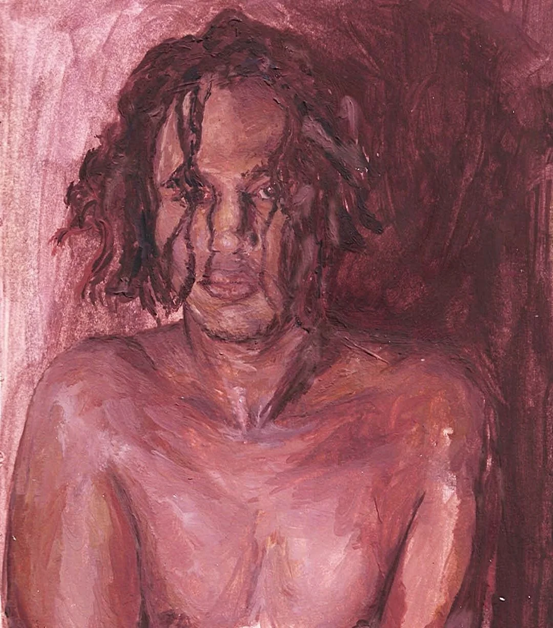 A portrait of a woman with curly hair painted in shades of pink, red, and brown, with a dark red background.