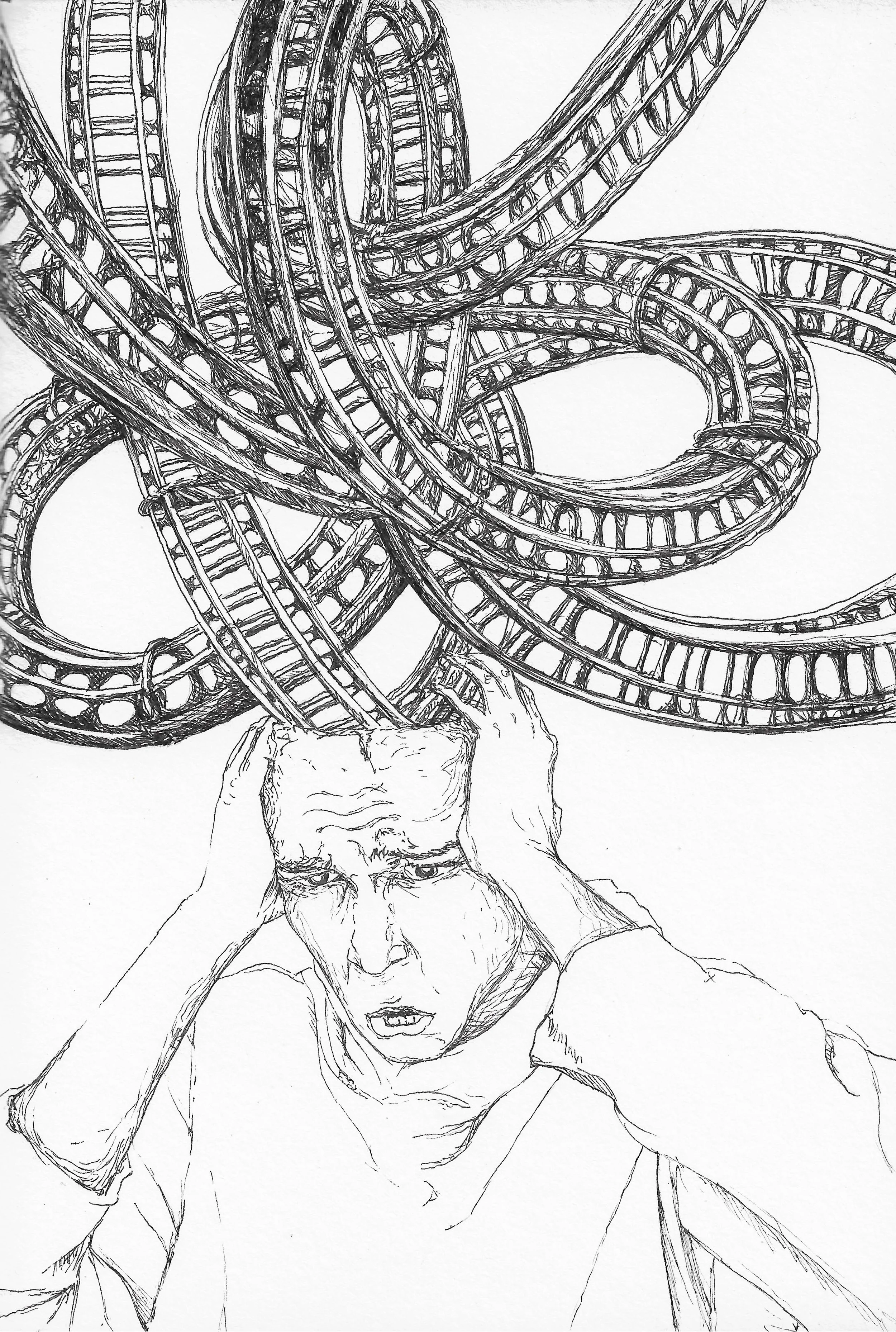 A black and white sketch of a person with a distressed expression, holding their head with both hands. Above their head is a complex, tangled structure resembling intertwined roller coaster tracks.