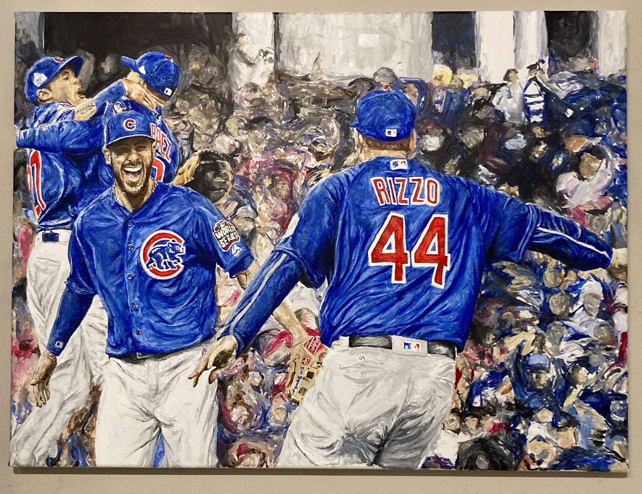 A colorful impressionistic painting of a Chicago Cubs baseball game celebration. Players in blue uniforms and caps are seen joyfully celebrating, with one player wearing the name Rizzo and number 44. The crowd is lively in the background.