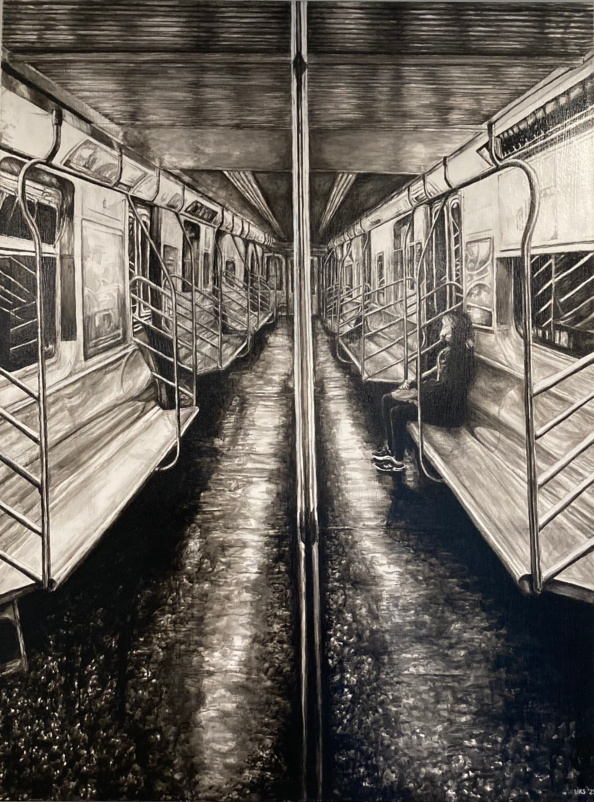 A black and white drawing of the interior of a subway car, featuring two rows of empty seats on either side, a woman sitting on the right, and a pole in the middle.