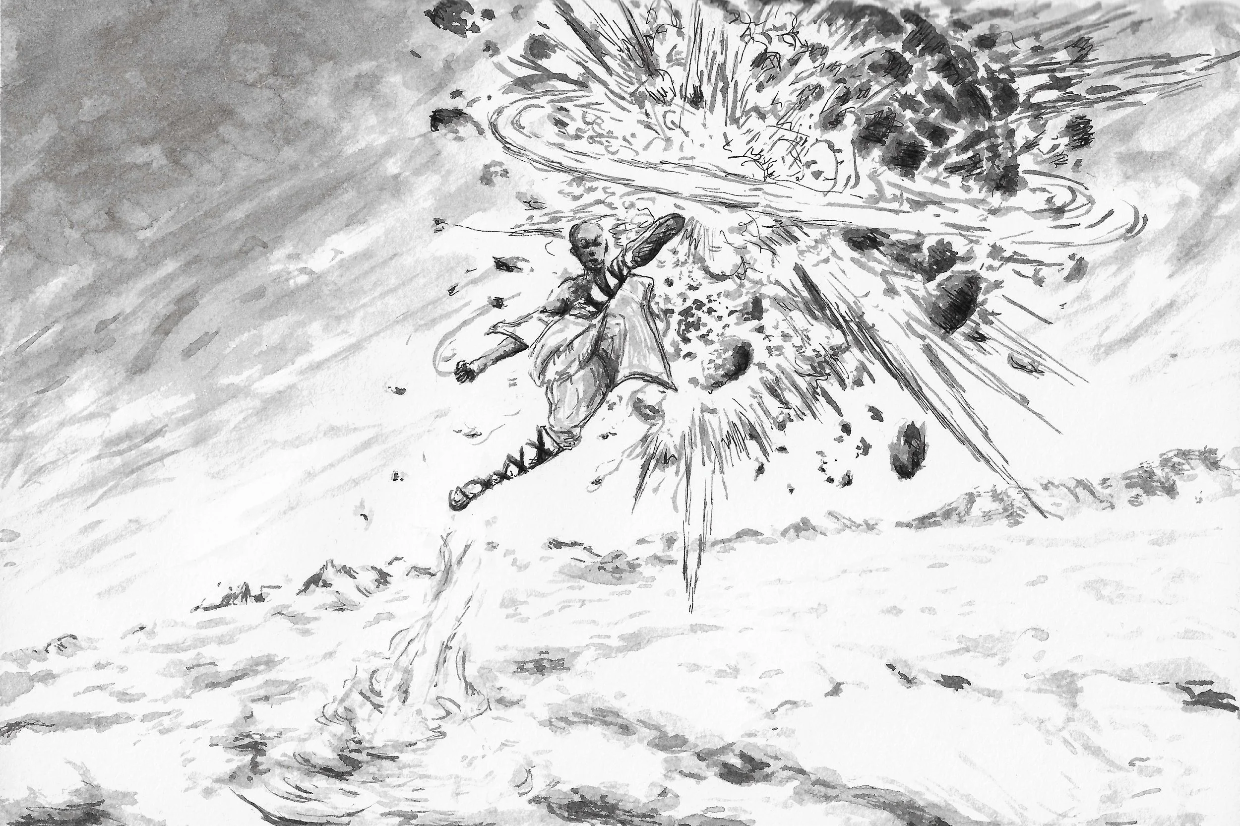 A person in a jacket and pants falling off a cliff as an explosion occurs behind them, with debris and shockwaves radiating outward.