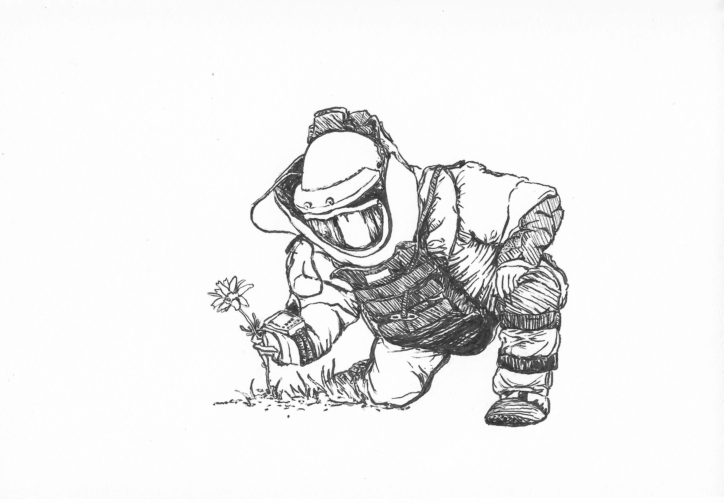 A black and white line drawing of a person kneeling on the ground, holding a small plant or flower, with their tongue sticking out and wearing a hat, jacket, and pants.